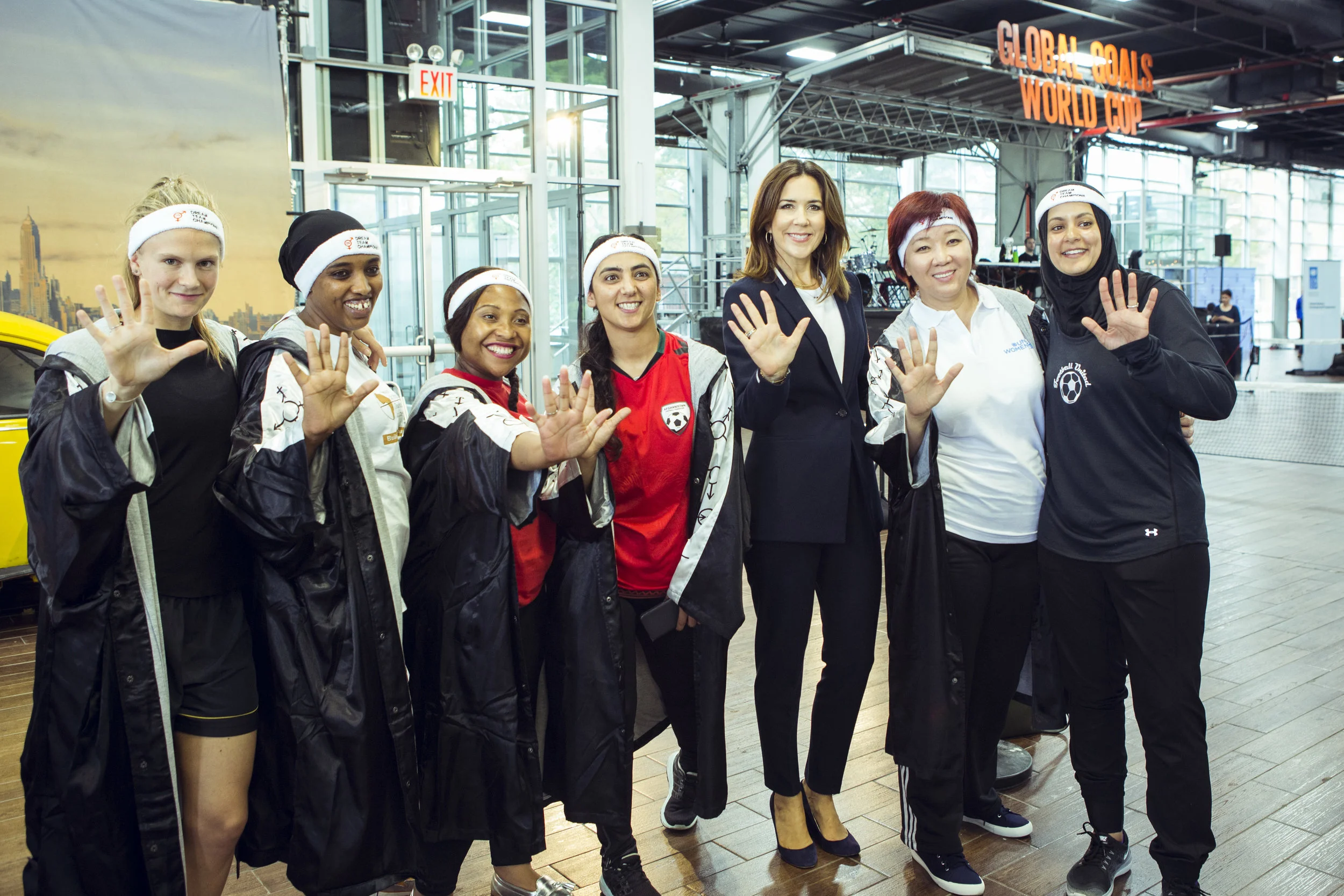 The SDG5 Dream Team (minus Muzoon Al-Mellehan). Left to right: Emma Holten, Denmark. Fatuma Adan, Kenya. Tshidi Likate, South Africa. Khalida Popal, Afghanistan. HRH Crown Princess Mary of Denmark, Dina Smailova, Kazakstan. Assmaa Helal Australia. 