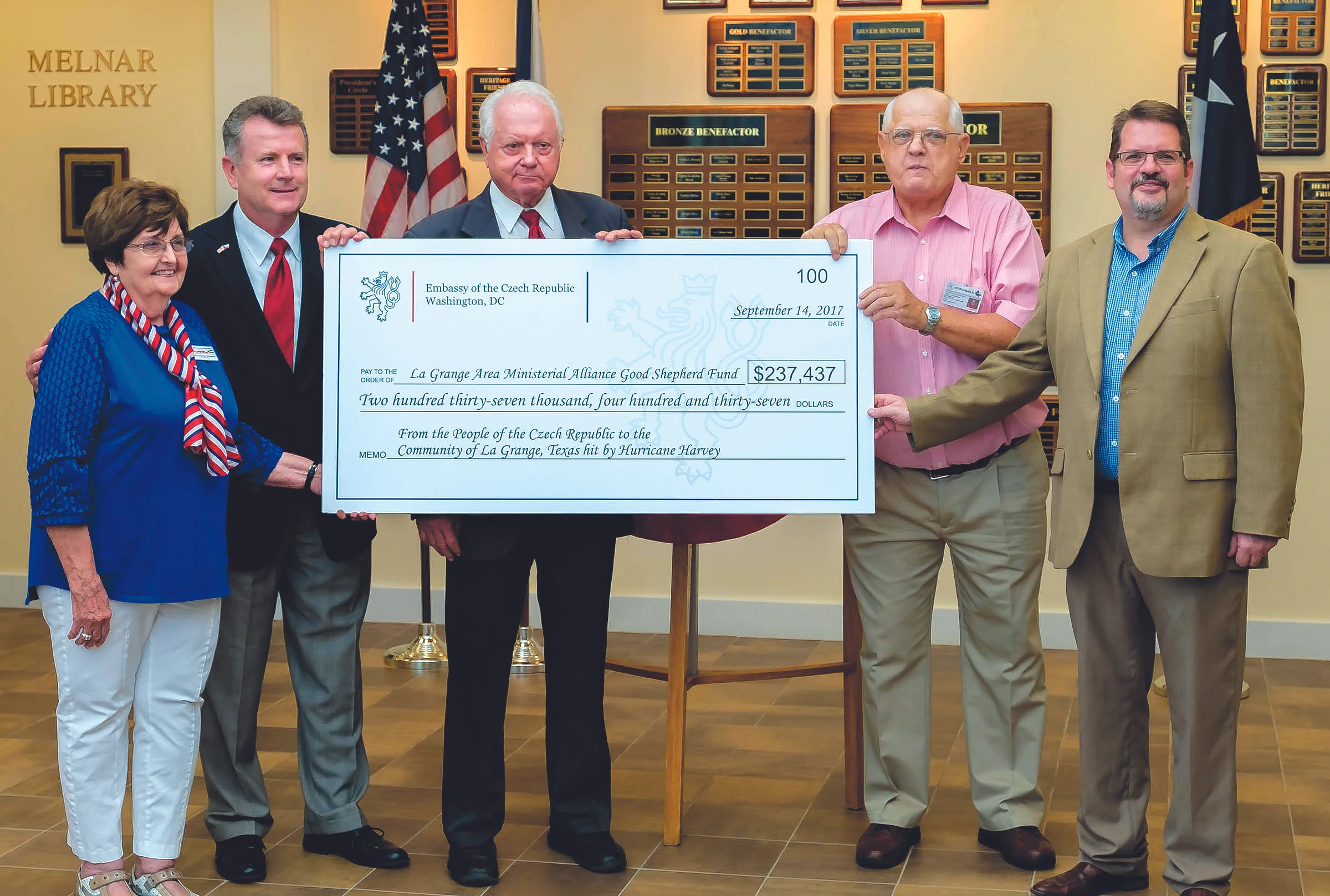 Czech Republic Helps Czech-Texan Community Hit by Harvey Brian Vanicek, Honorary Consul General to the Czech Republic for the State of Texas (second from left) presented a check for $237,437 from the Czech Republic to help La Grange citizens recover from flooding caused by Hurricane Harvey. Accepting the very generous donation at TCHCC on Fri., Sept. 15 were (l-r) Retta Chandler, TCHCC President; Ed Janecka, Fayette Co. Judge; John J. Cernosek, Mayor Pro Tem of La Grange; and Jonathon Smith, Adm of Good Shepherd's Fund.
