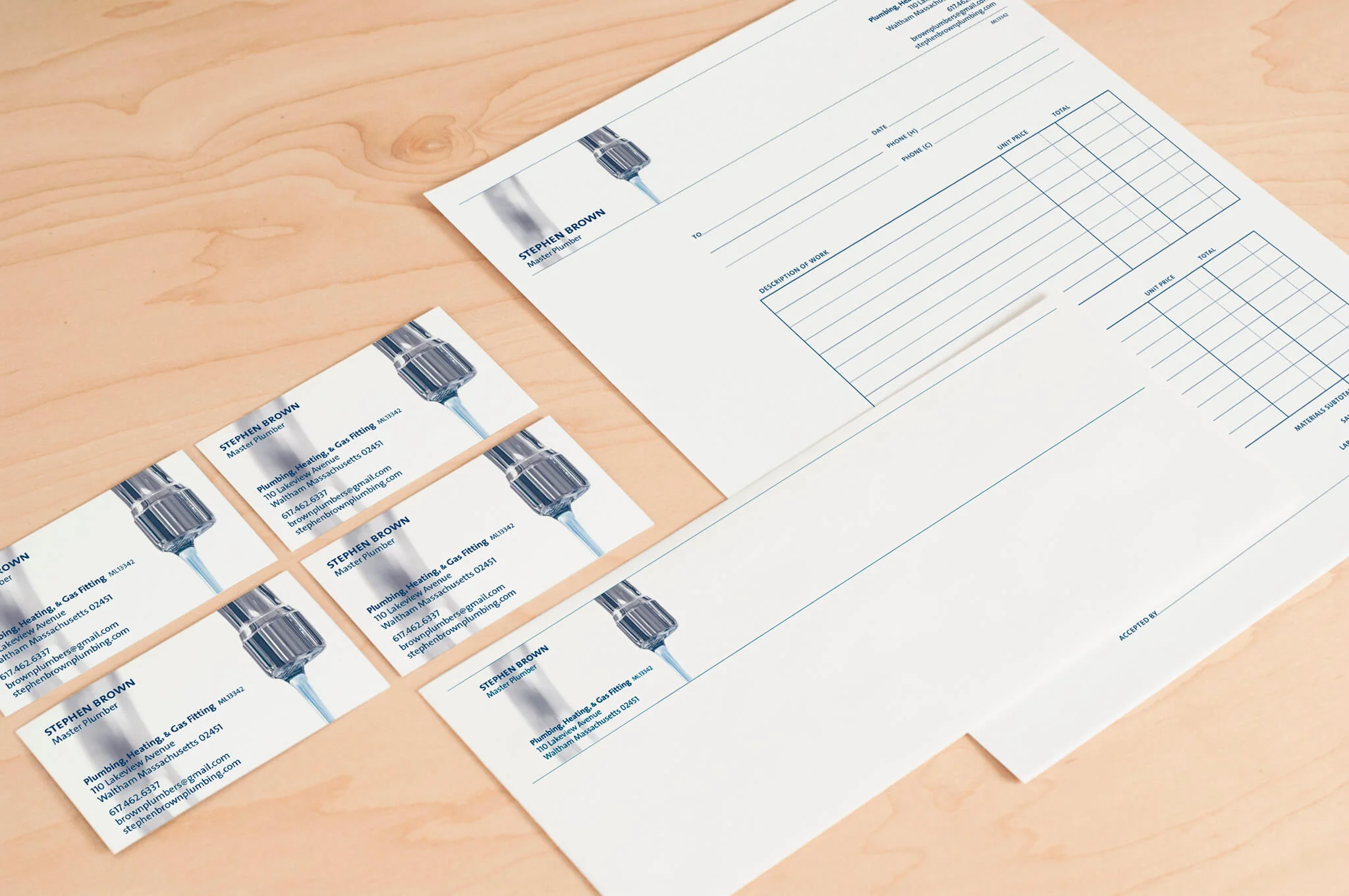 Business cards, envelopes and invoices for Stephen Brown, Master Plumber | Design by ChrisAndAndy.com