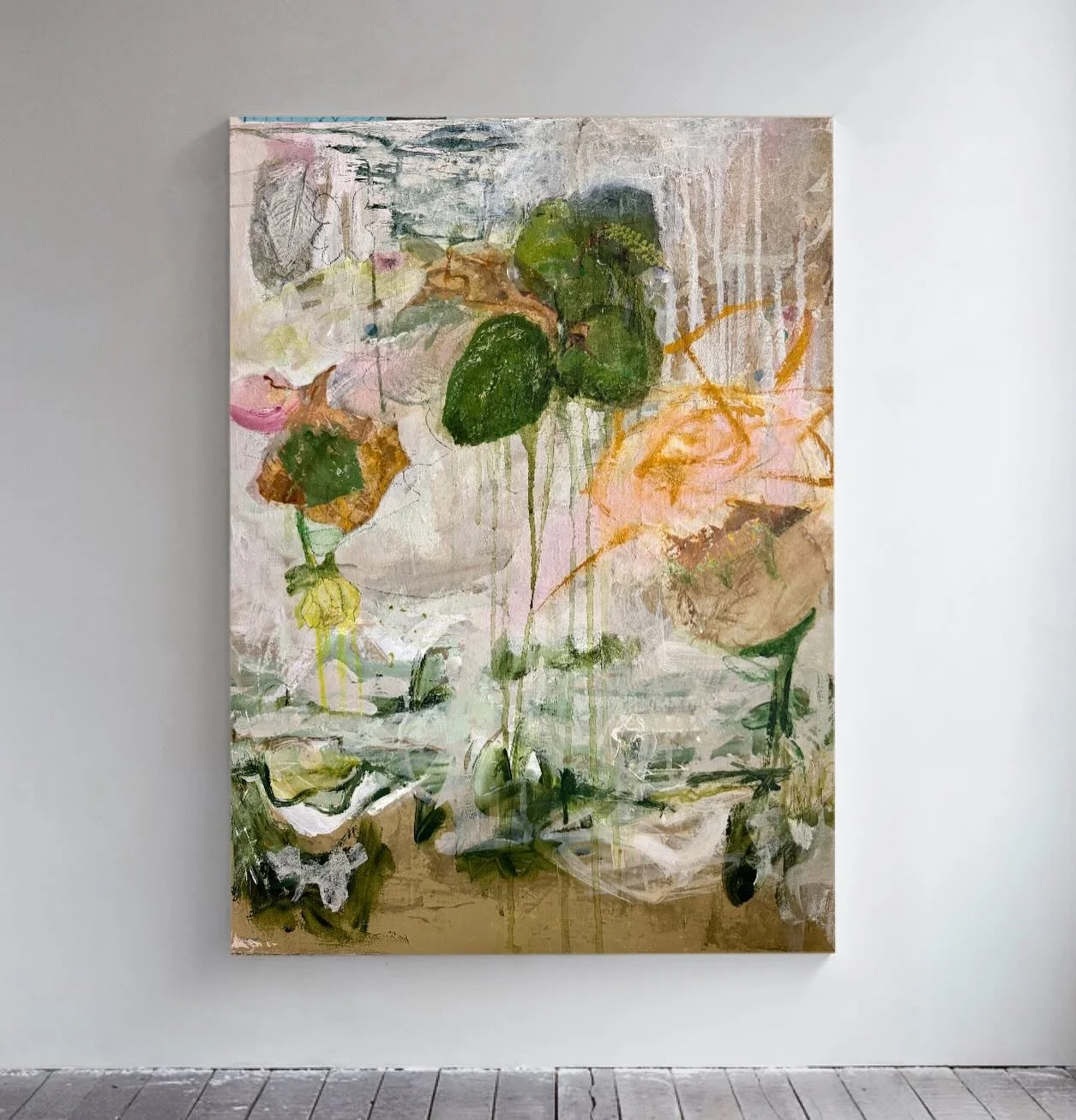 Memories softened 
24 x 18
Acrylic, collage, oil stick on canvas

This one was interesting. I was 1/2 thru and I didn&rsquo;t love it. I turned it over and began again.  Shifting perspective often is the key.