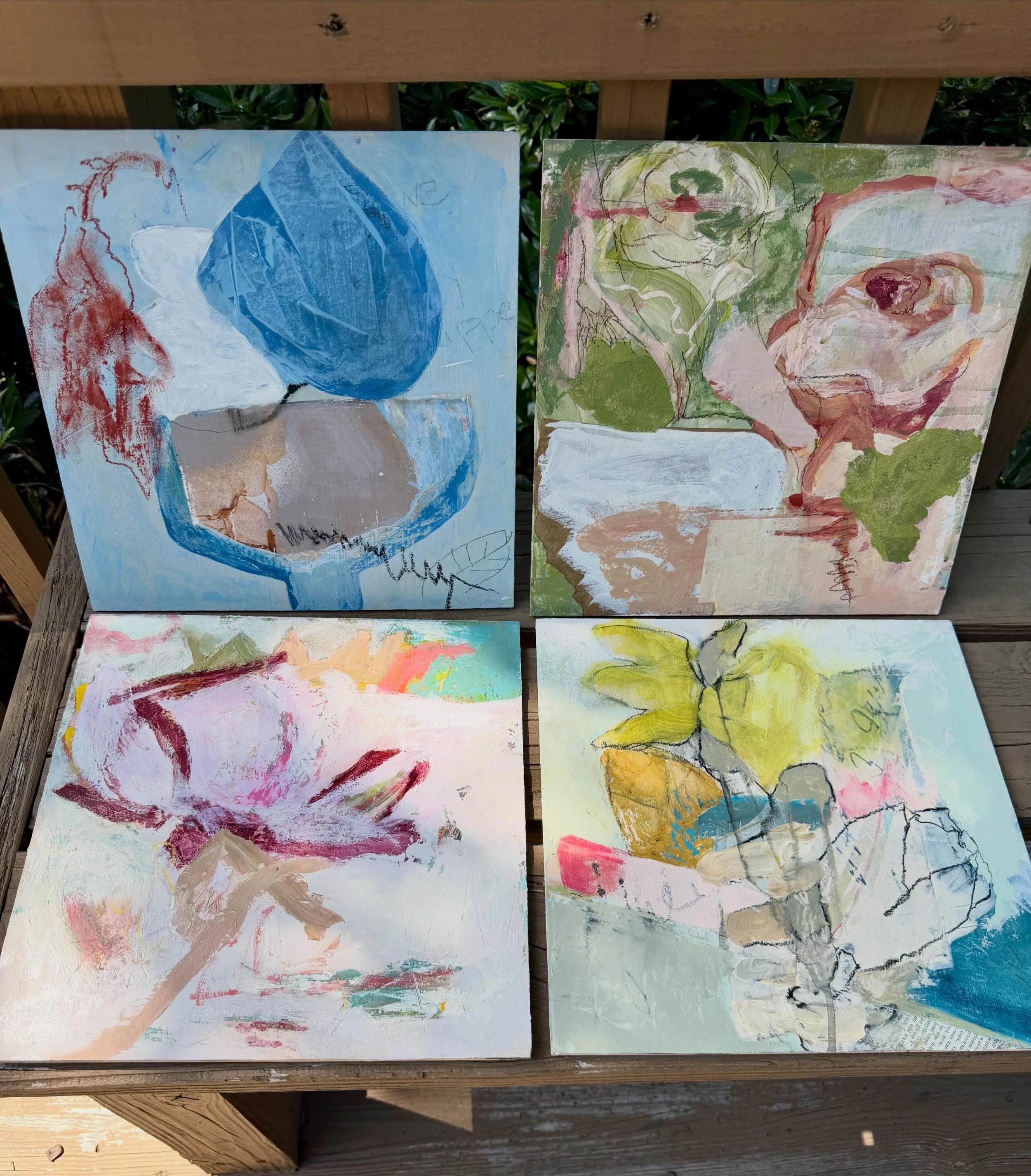Catching up on some &ldquo;littles&rdquo; ( 12 x 12) that I had put off to the side because I didn&rsquo;t like where the direction they were going in.  Today they are coming together. I am now waiting for them to tell me what they need.  I have a fu