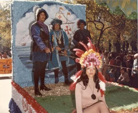 Margarita Madera and three men on a float. Source: Dominican Studies Institute. CUNY. The Margarita Madera Collection, ca. 1970-2003. Box 4. Folder 12.