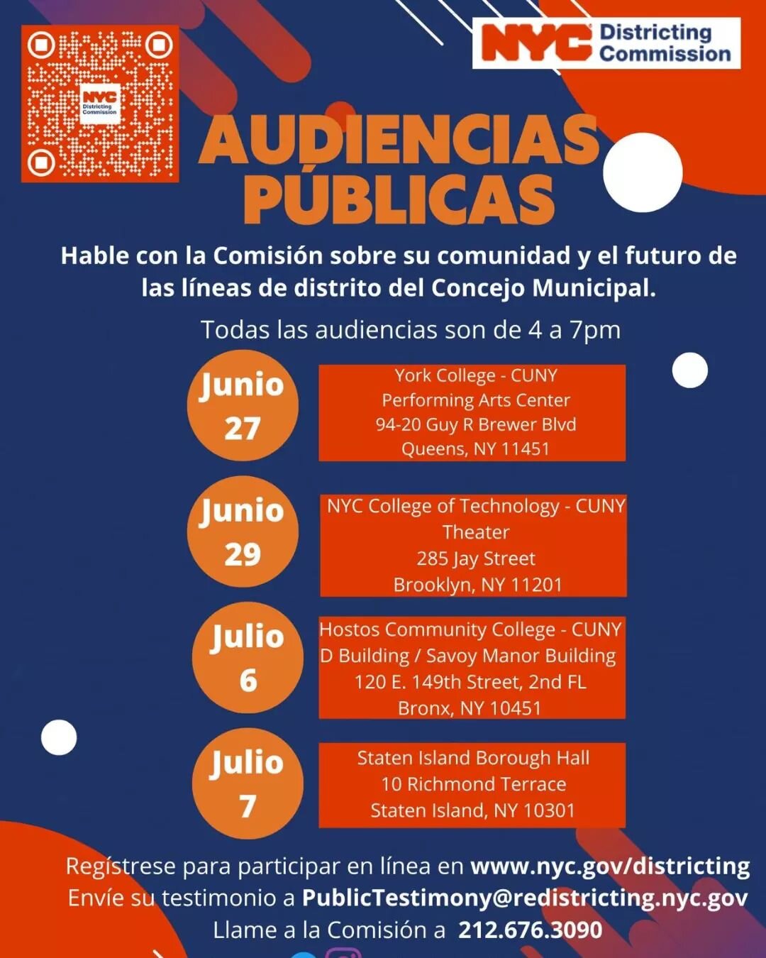 Residentes del Bronx hoy tienen la oportunidad de dejar oir sus voces c&iacute;vicamente ante la comisi&oacute;n distrital de la ciudad de Nueva York sobre las l&iacute;neas del distrito. La audiencia sera a las 4pm en: 

Hostos Community College
120