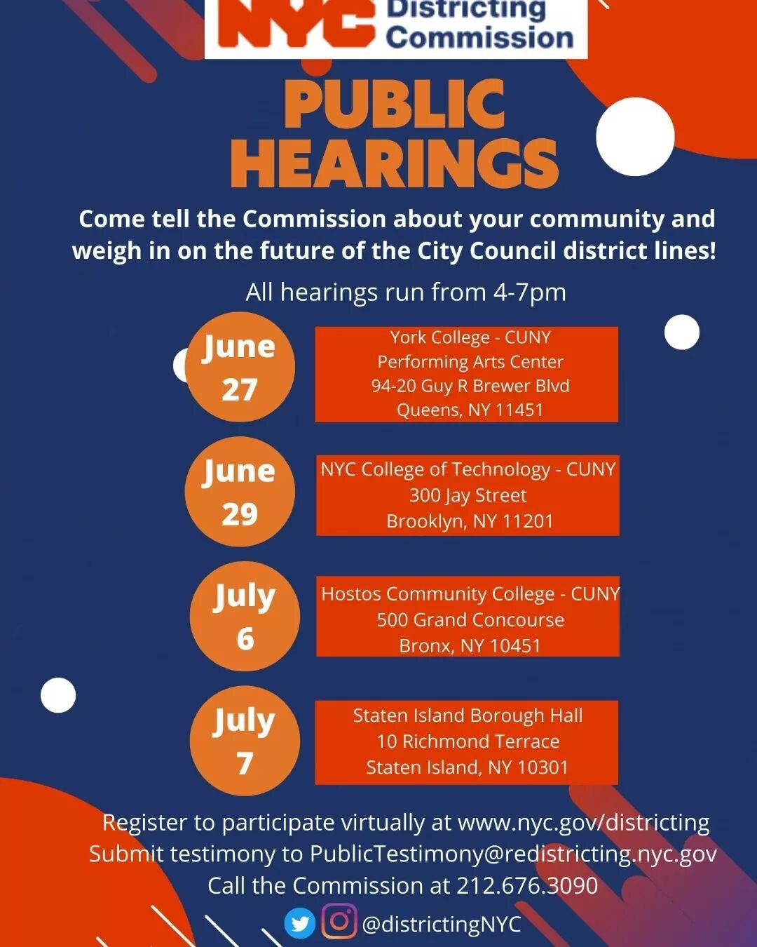 Fellow Bronx residents, today is your opportunity to have your voices heard in the districting process by attending the third of gour public meetings of the NYC Districting Commission. The meeting will begin at 4pm and will be held at:

Hostos Commun