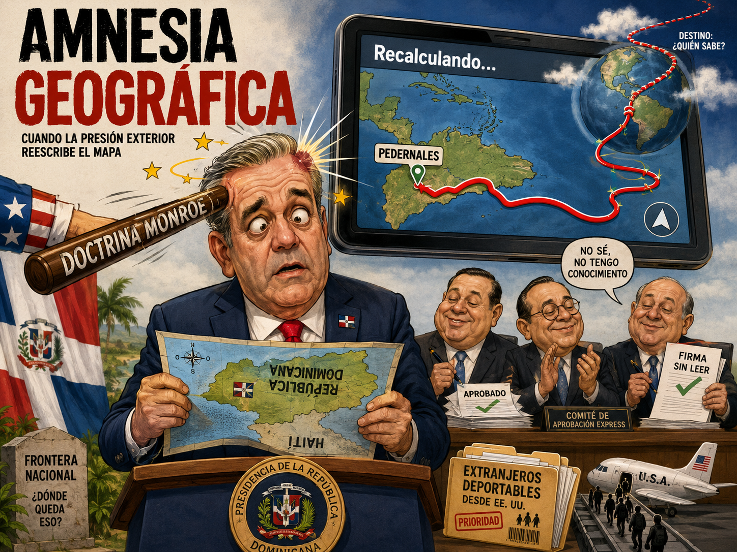 A Abinader le da amnesía temporal recalculándole el GPS mental y geográfico al aceptar deportados extranjeros de EEUU (sátira)