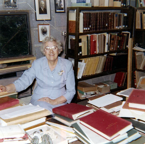 Katherine Palmer in her office at the Paleontological Research Institution in 1960.