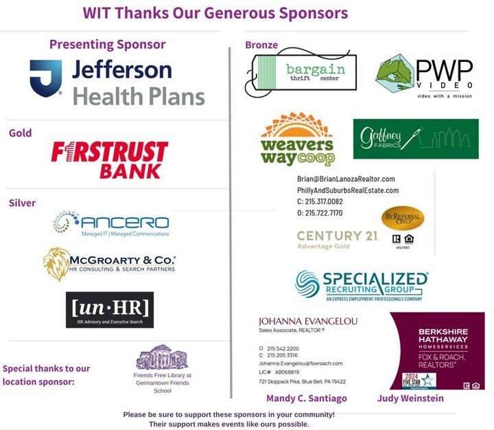 WIT thanks all of the sponsors for this evening's Amplifying Our Voices event!  There is still time to register: https://tinyurl.com/26ad957d