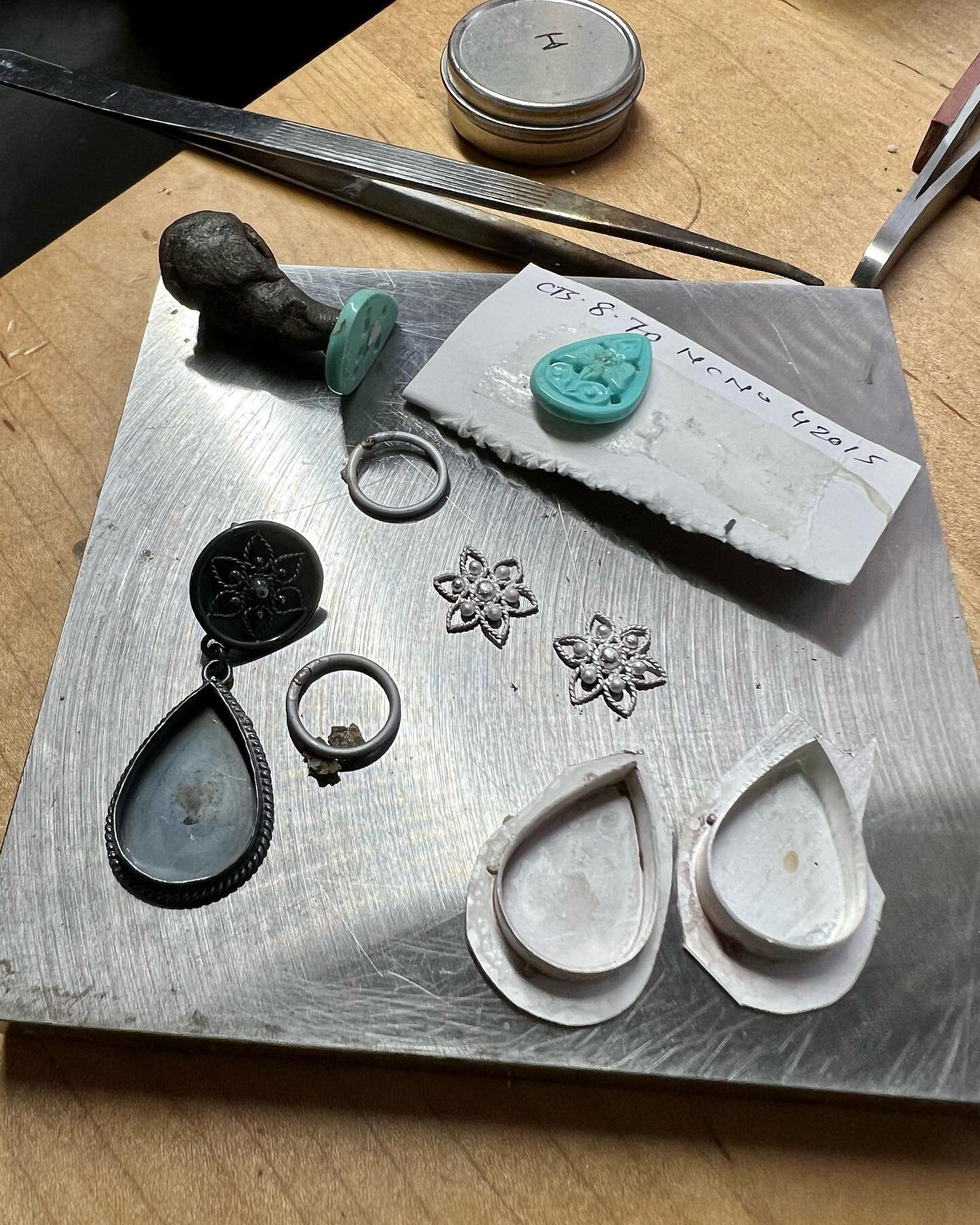 ✨ All the bits are coming together ✨ much of my work is custom. I love working with clients to create unique pieces for them to have for years to come. This pair of earrings are sterling silver using my clients carved turquoise pear stones. I&rsquo;m