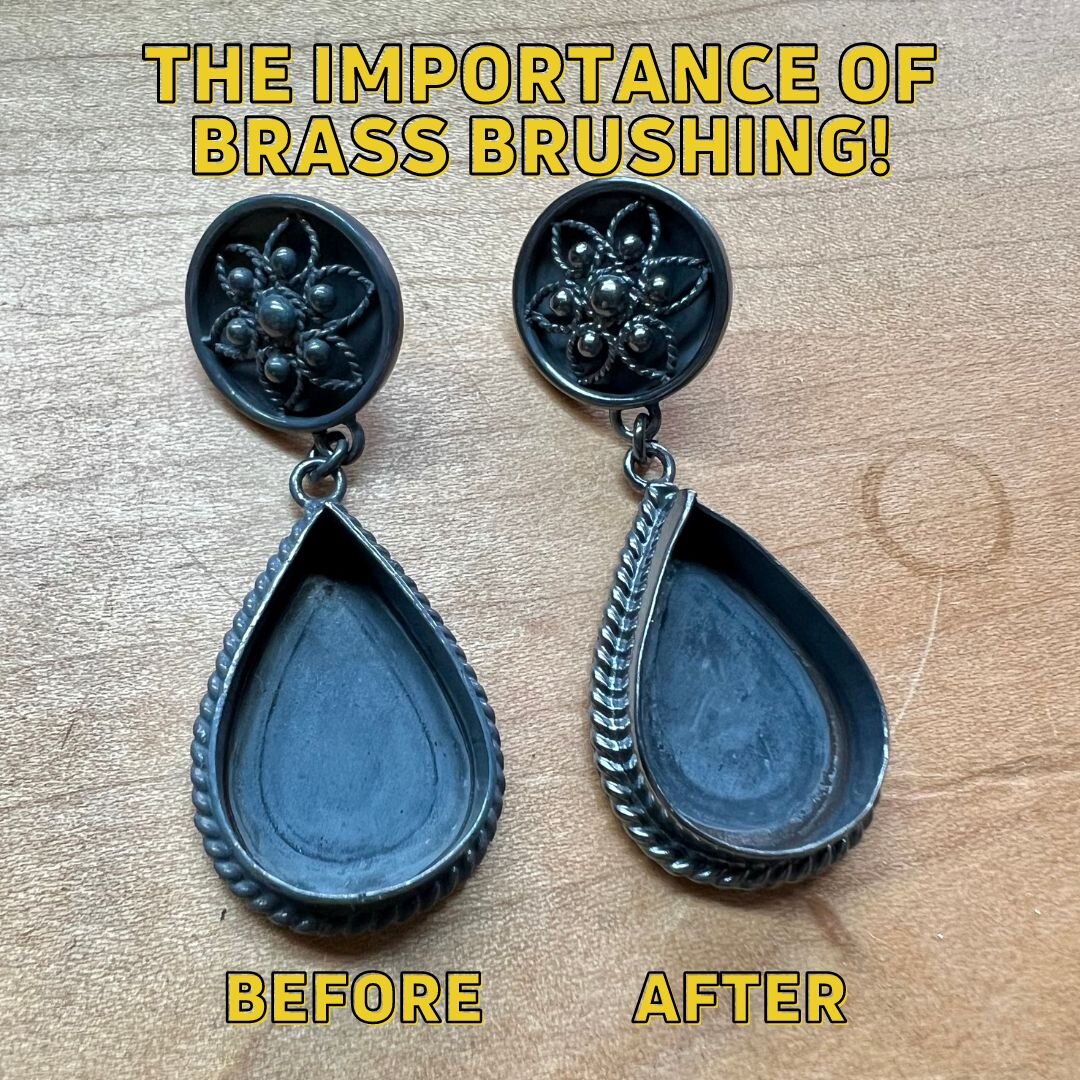 🧐 The importance of brass brushing when oxidizing your silver!
After dipping your work in liver of sulfur, dry your work completely, then run your brush gently over the surface to even out the oxidation. I'll use some wax to seal the pieces afterwar
