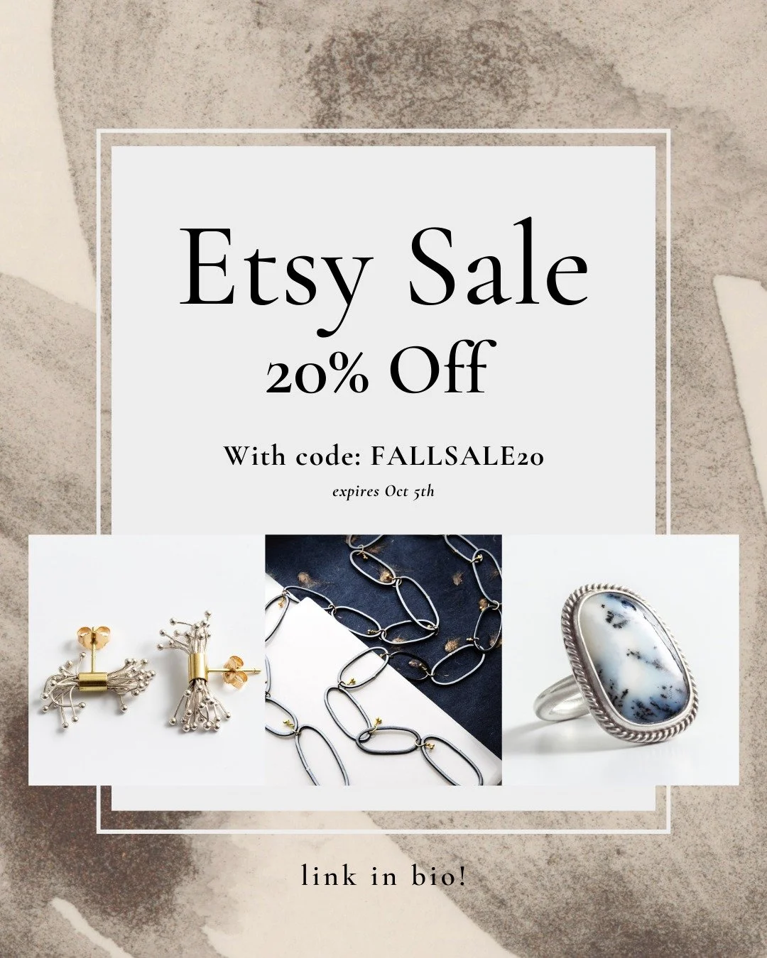 ✨ Fall Sale Alert! ✨

Treat yourself to something special&mdash;my jewelry is 20% off now through October 5th! 🍂💍

Use code FALLSALE20 at checkout on Etsy to save.
Don&rsquo;t miss out&mdash;this is the perfect time to snag that piece you&rsquo;ve 