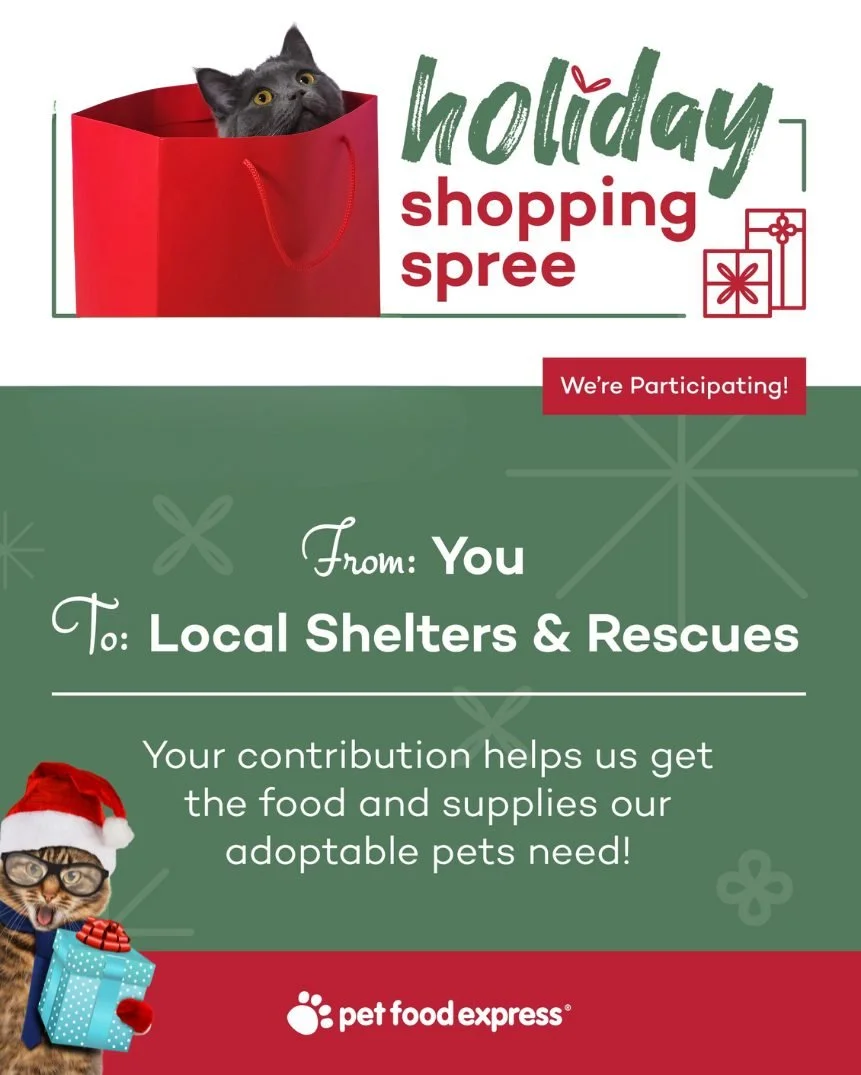 This year's @petfoodexpress Holiday Shopping Spree is underway and will run until December 30th!  When you shop in-store or online you can donate to local shelters and rescues (which includes The Dancing Cat!) who will then receive a store credit to 