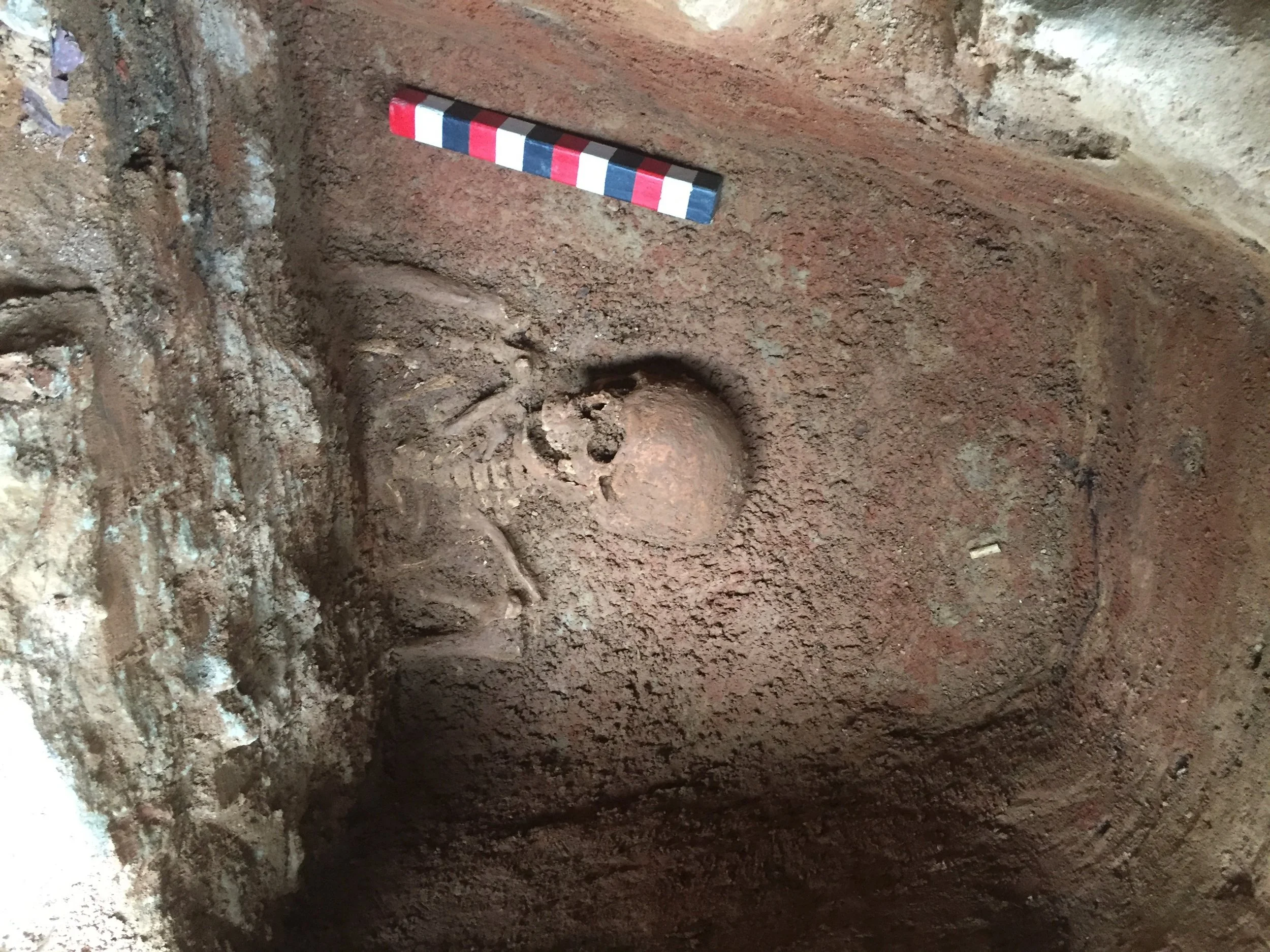 The above burial was uncovered in 2016 during the preservation project to underpin the foundation of St. John's Church. The remains were removed and sent to Dr. Owsley and his team at the Smithsonian for study.