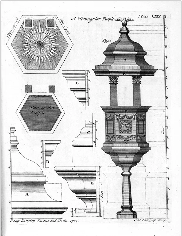 Plate CXIV from Batty Langley’s The City and Country Buiilder’s and Workman’s Treasury of Designs, first published in 1740.