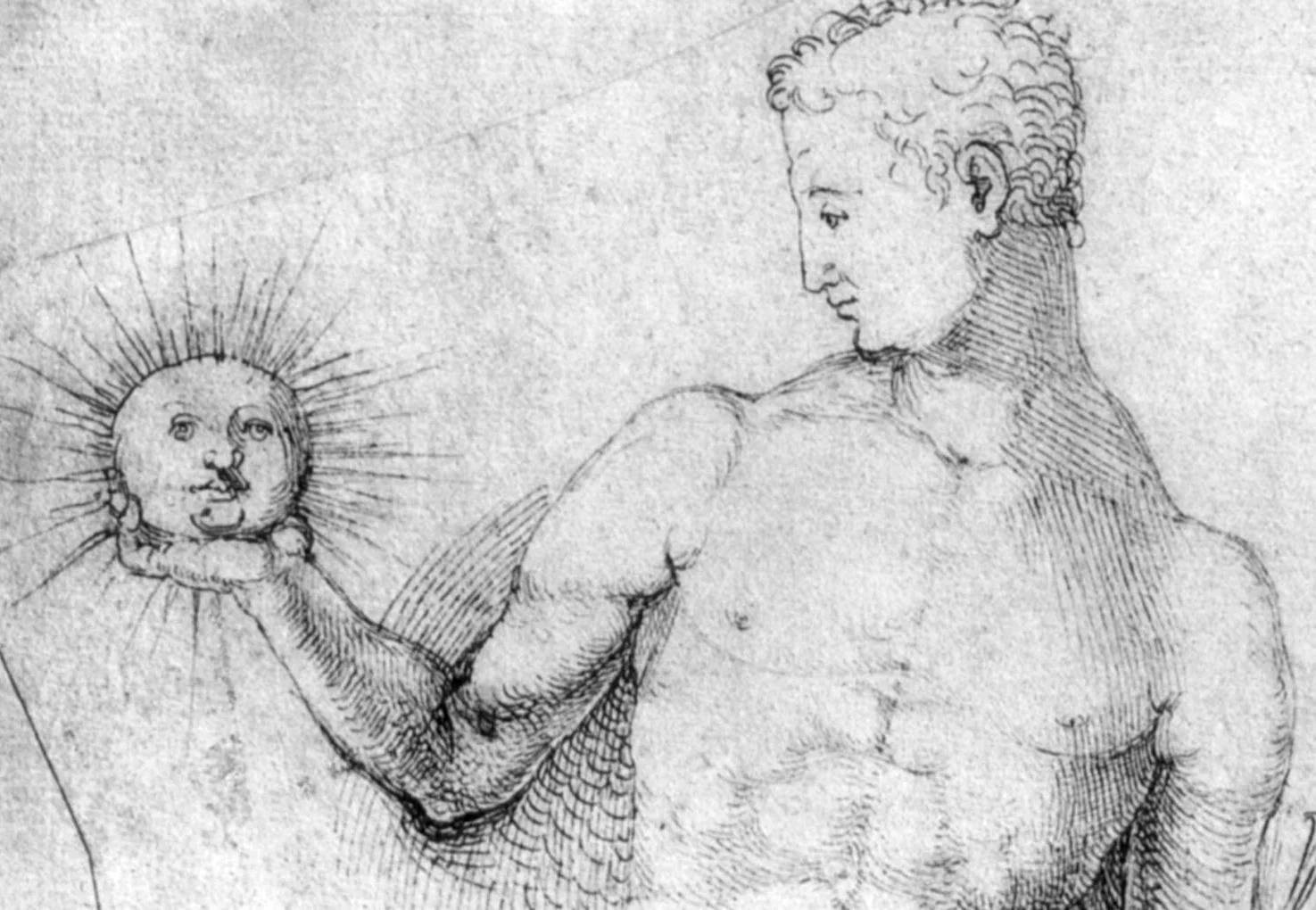 Detail of pen and ink drawing by Albrecht Durer, 1500- 1502, showing Apollo holding an anthropomorphic sun.
