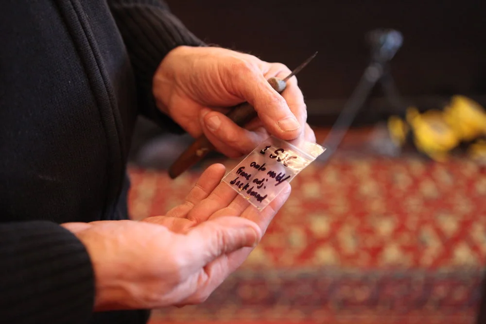 Howlett holds a sample collected from the sounding board.