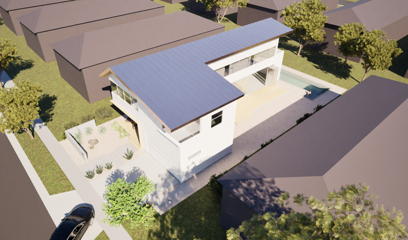 Aerial view of the fire-resistant Palisades Case Study 2.0 house with white exterior, metal roof, surrounding trees, a small pool, and defensible landscaped yard, in a neighborhood with neighboring houses.