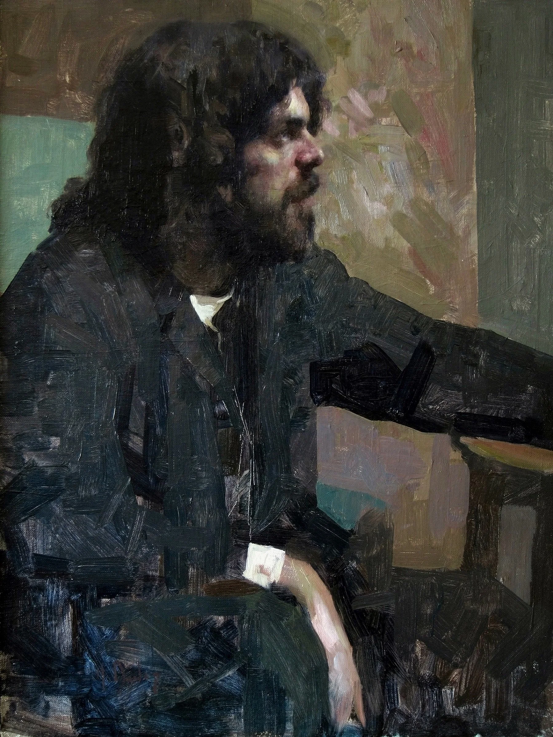man in violet and green, oil on linen on panel, 18x24.JPG