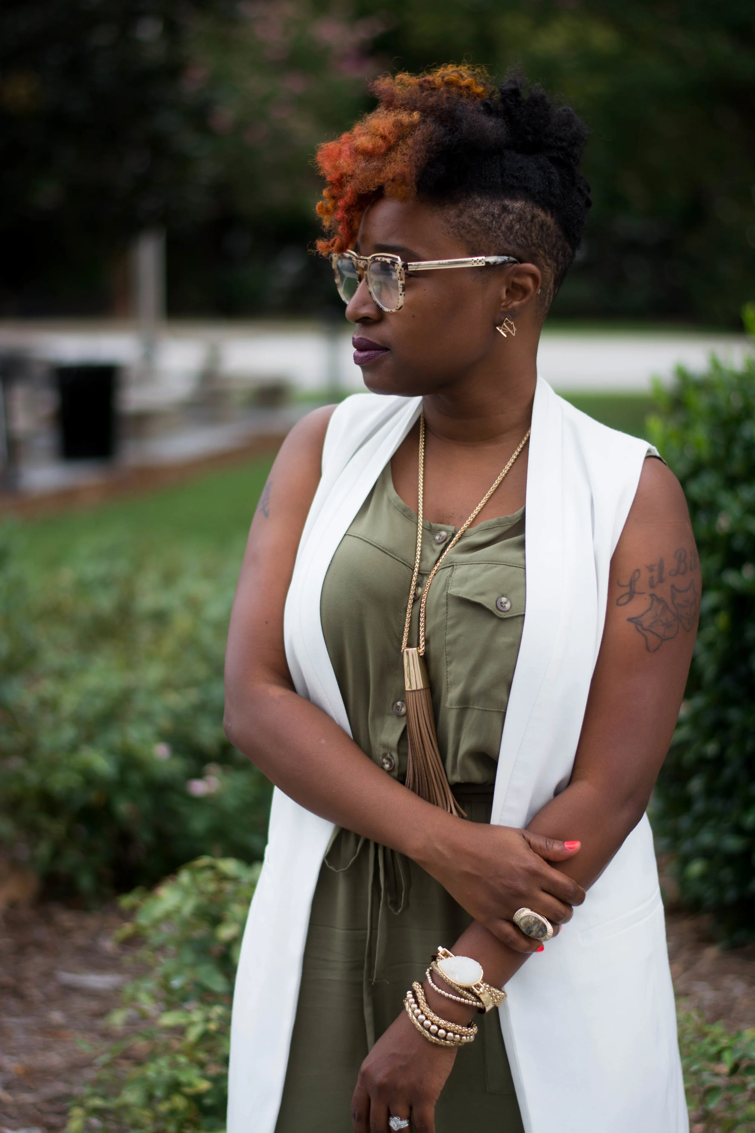 Melodie Stewart, The Style Klazit, Target Vest, Justfab Olive Jumpsuit, Shoedazzle Wine oxfords, Atlanta wardrobe style blogger