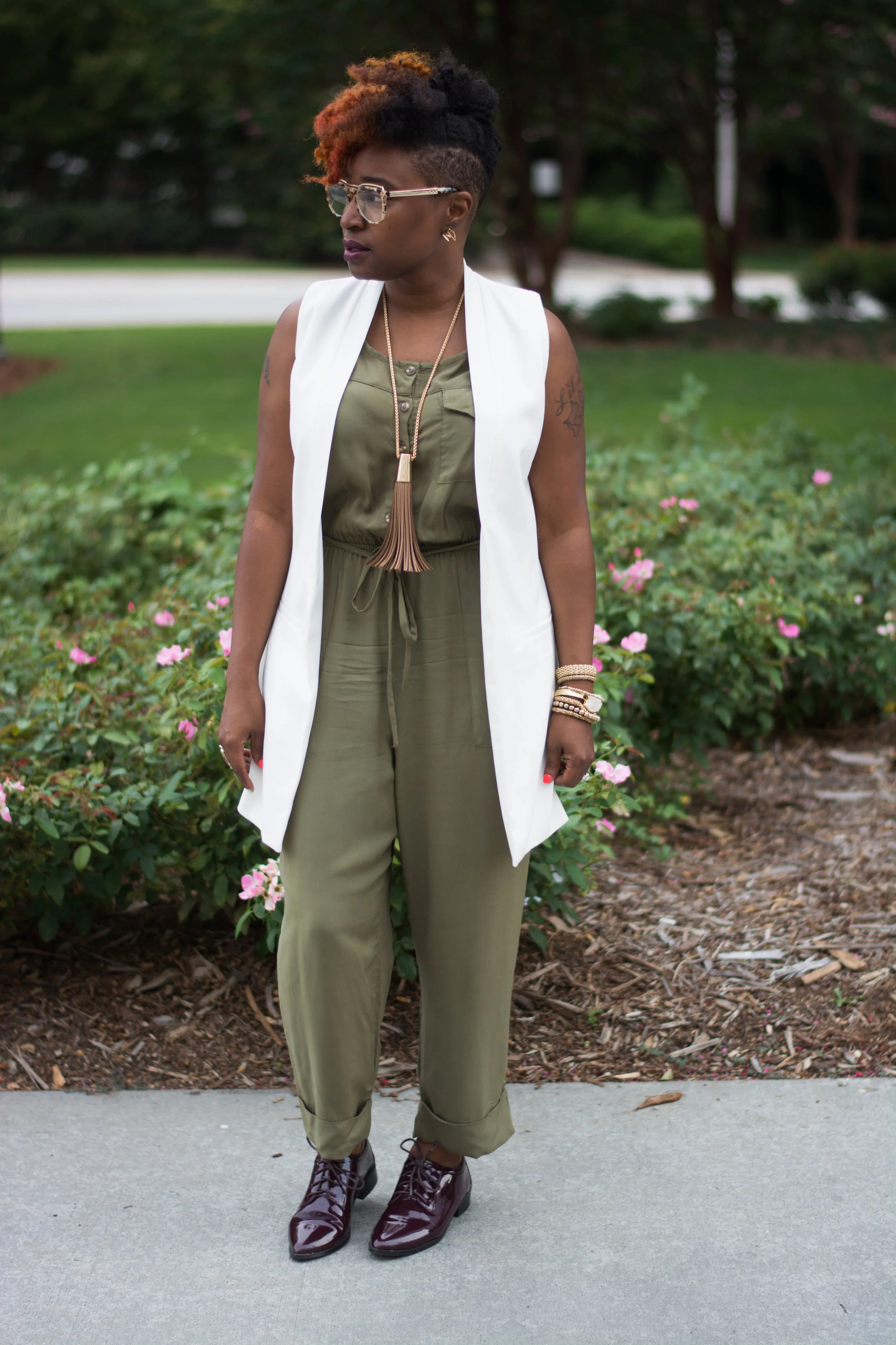 Melodie Stewart, The Style Klazit, Target Vest, Justfab Olive Jumpsuit, Shoedazzle Wine oxfords, Atlanta wardrobe style blogger