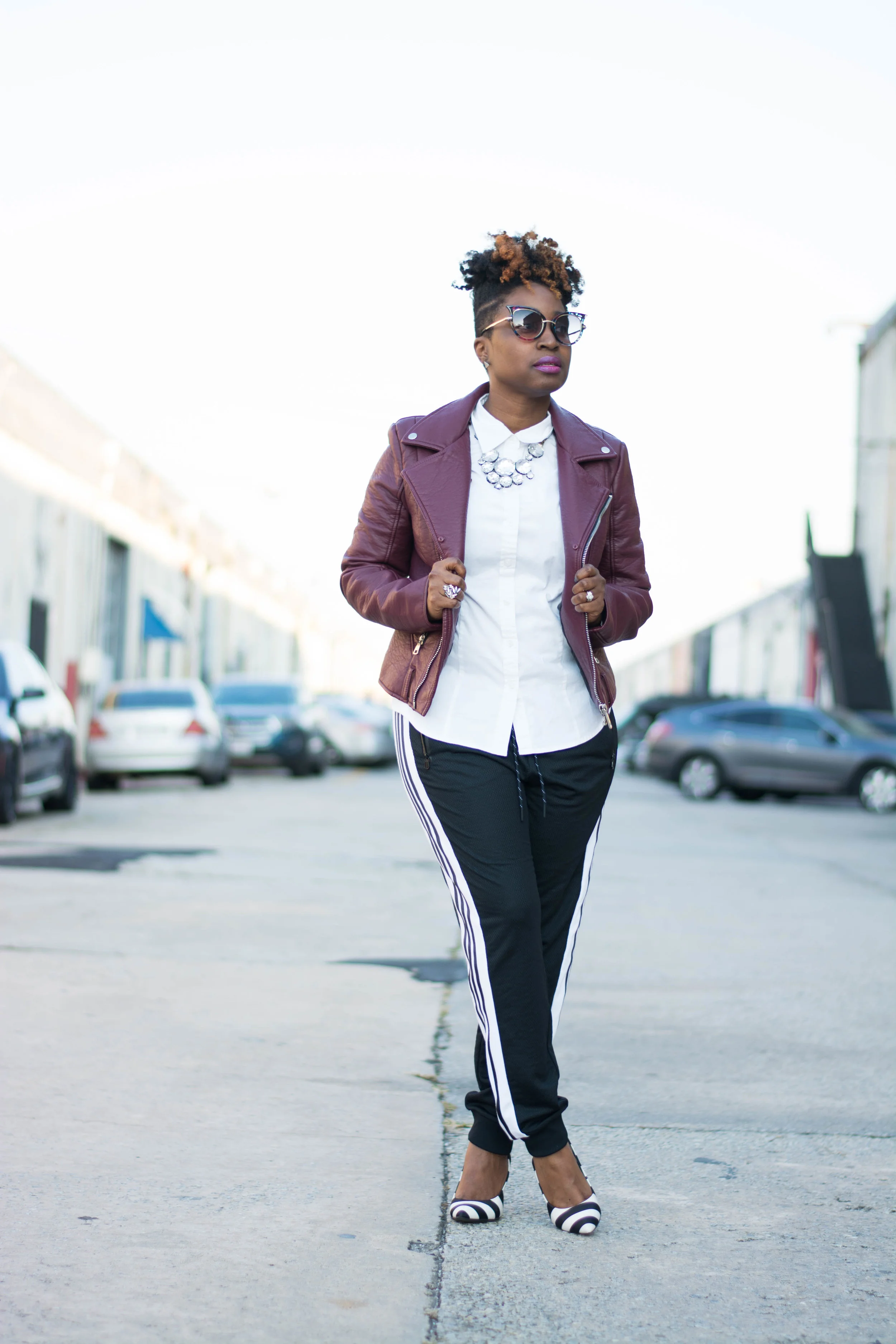 The Style Klazit, Melodie Stewart, athleisure street style, Atlanta style blogger, moto jacket, adidas joggers