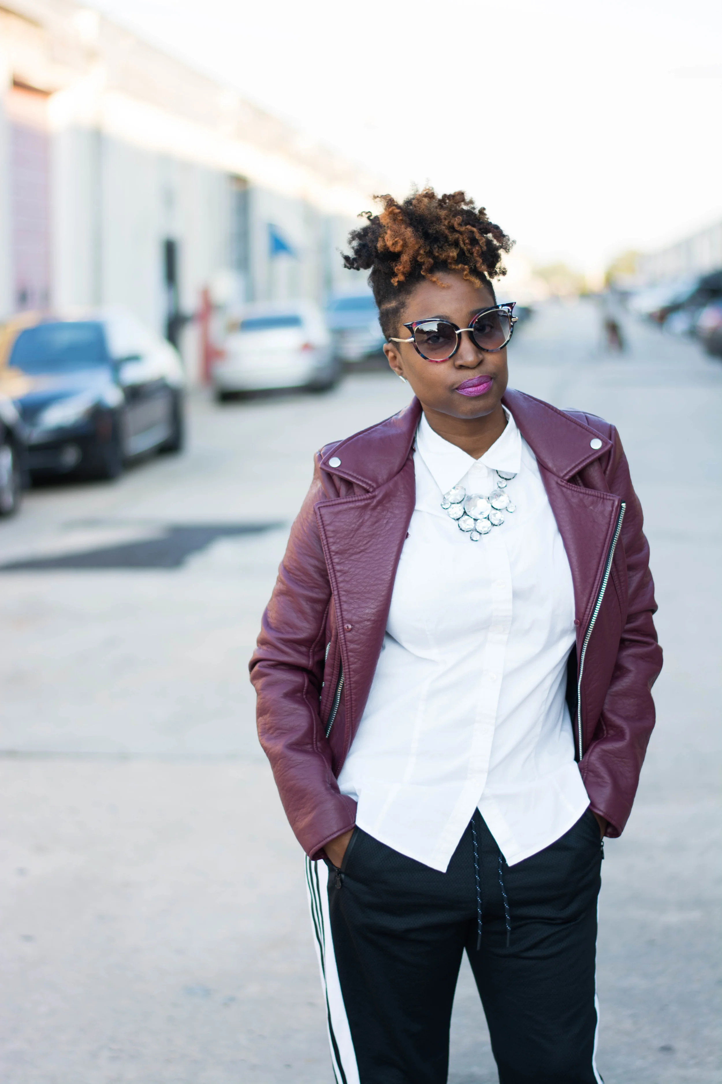 The Style Klazit, Melodie Stewart, athleisure street style, Atlanta style blogger, moto jacket, adidas joggers