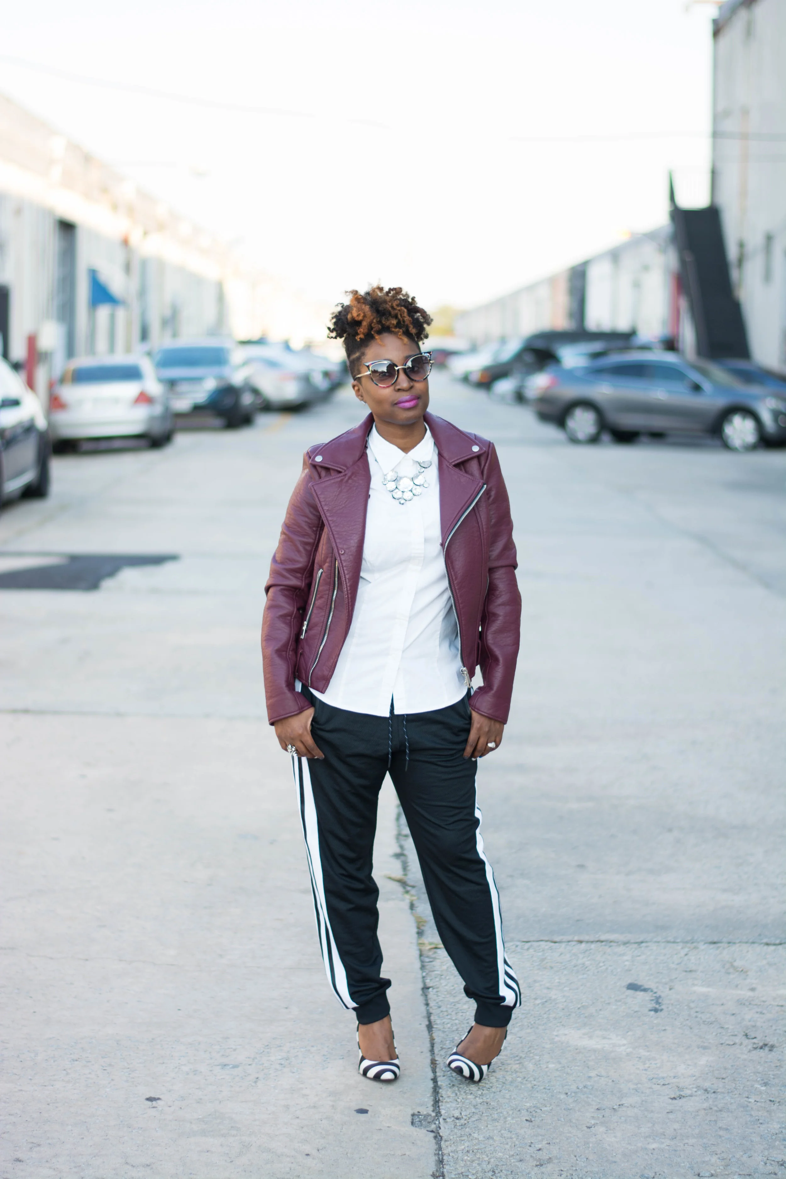 The Style Klazit, Melodie Stewart, athleisure street style, Atlanta style blogger, moto jacket, adidas joggers