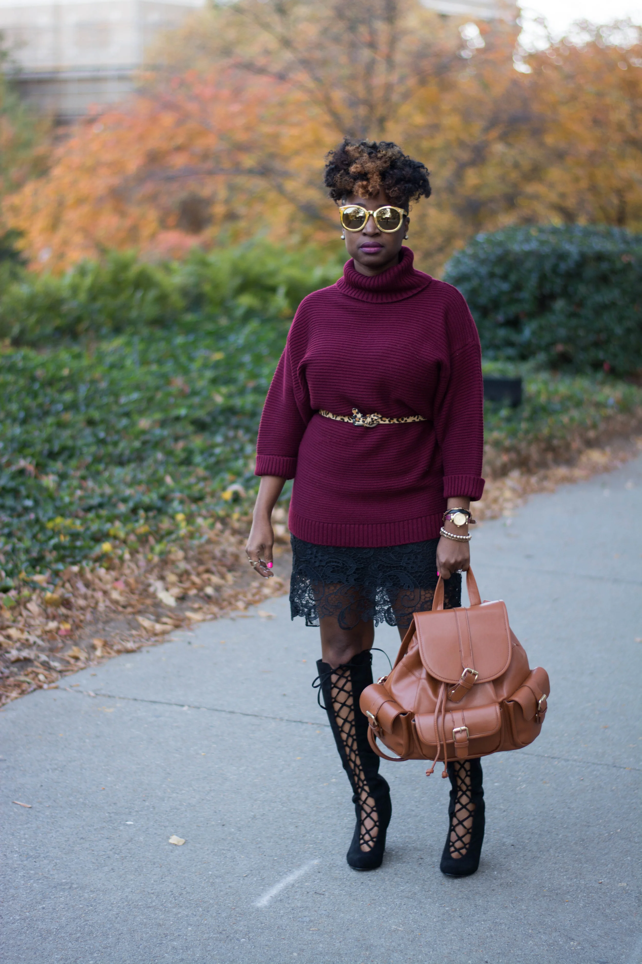Melodie Stewart, The Style Klazit, Black boots, Backpack, Burgundy sweater, Atlanta stylist, Atlanta style blogger
