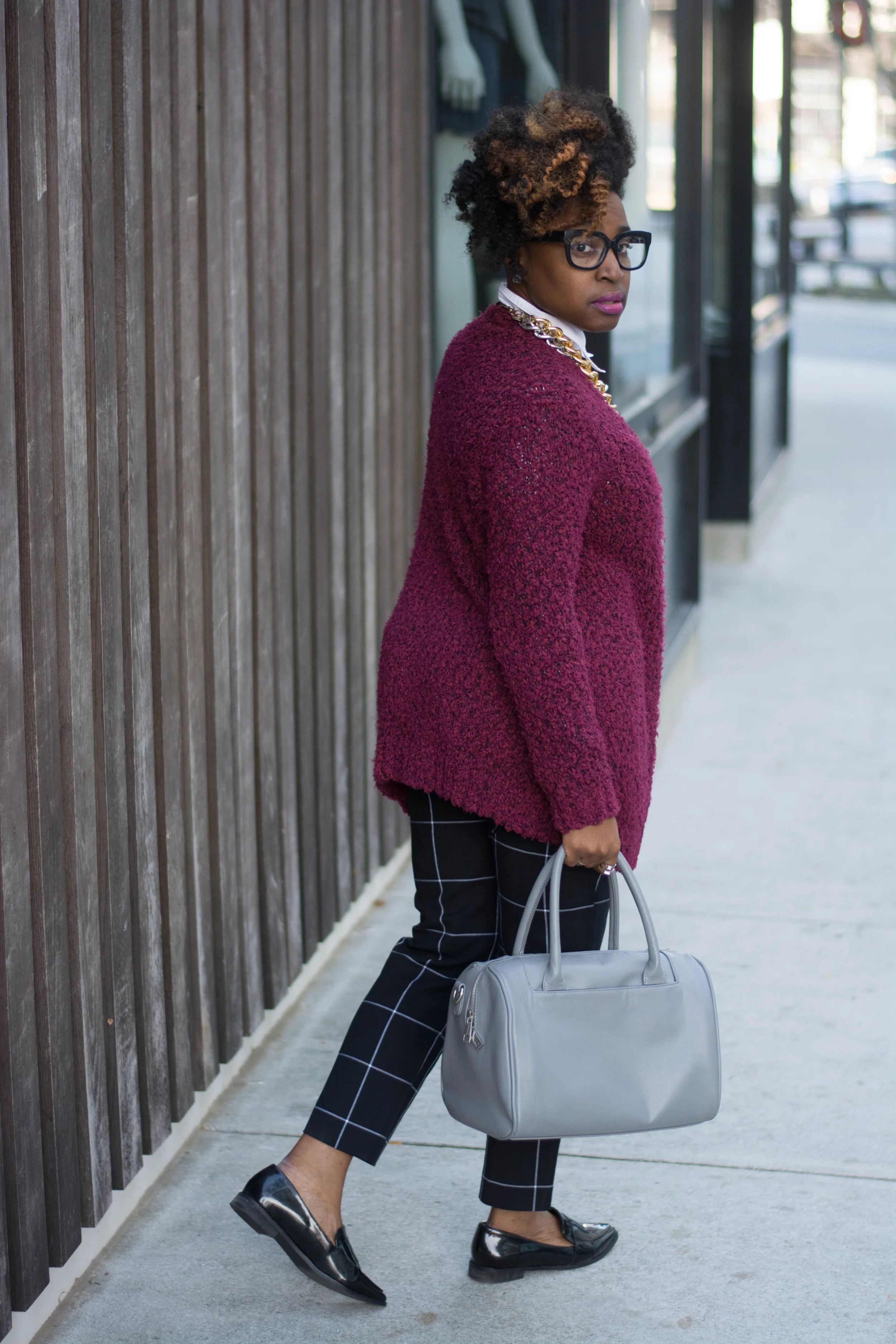 Melodie Stewart, The Style Klazit, Atlanta style blogger, Atlanta wardrobe stylist, windowpane print pants street style, black loafers street style, Atlanta street style