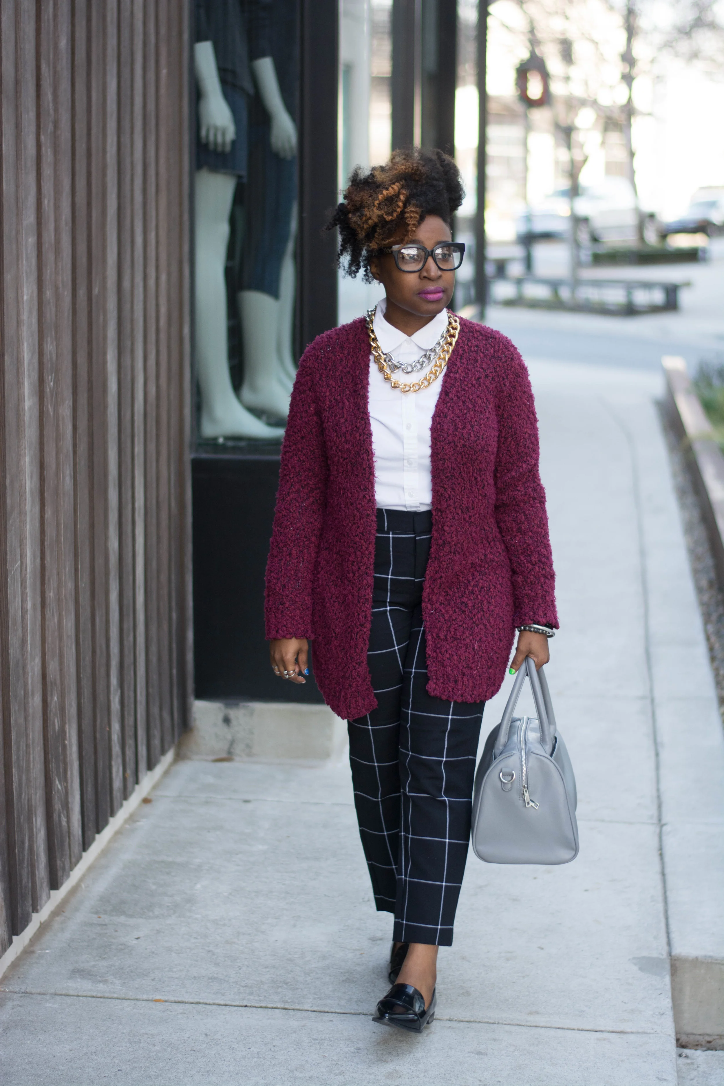 Melodie Stewart, The Style Klazit, Atlanta style blogger, Atlanta wardrobe stylist, windowpane print pants street style, black loafers street style, Atlanta street style