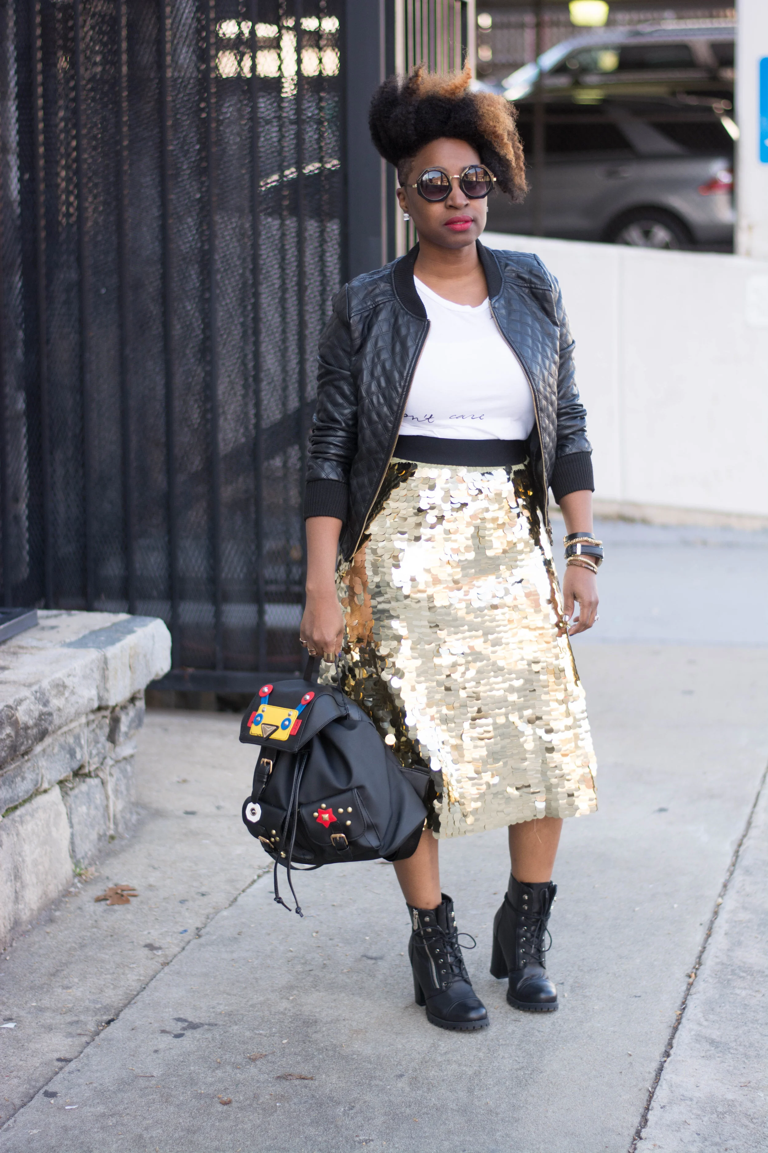 Melodie Stewart, The Style Klazit, Atlanta style blogger, Shein sequin skirt, shoedazzle booties, Forever21 moto jacket