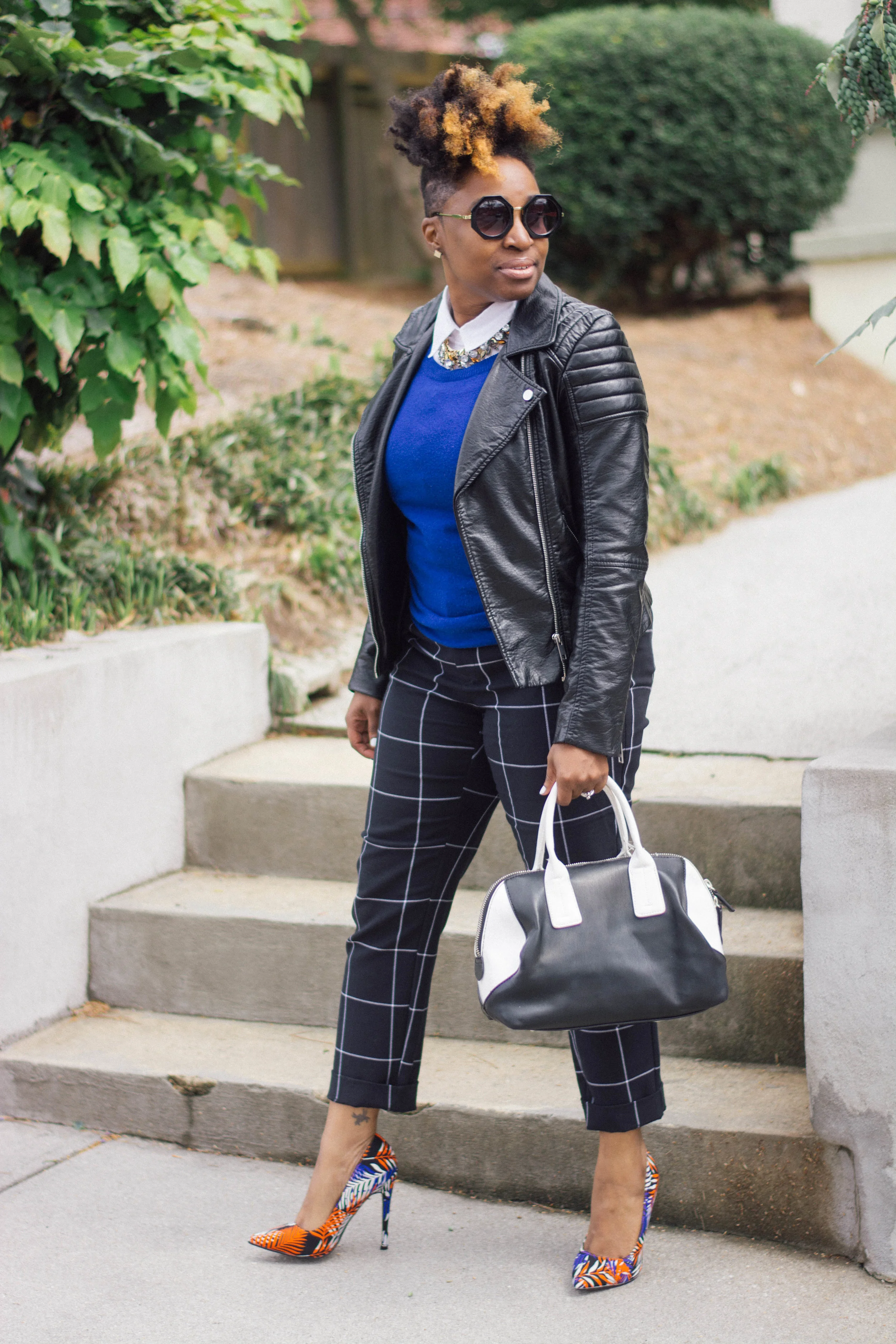 Melodie Stewart, The Style Klazit, Atlanta Style blogger, windowpane print, black moto, street style