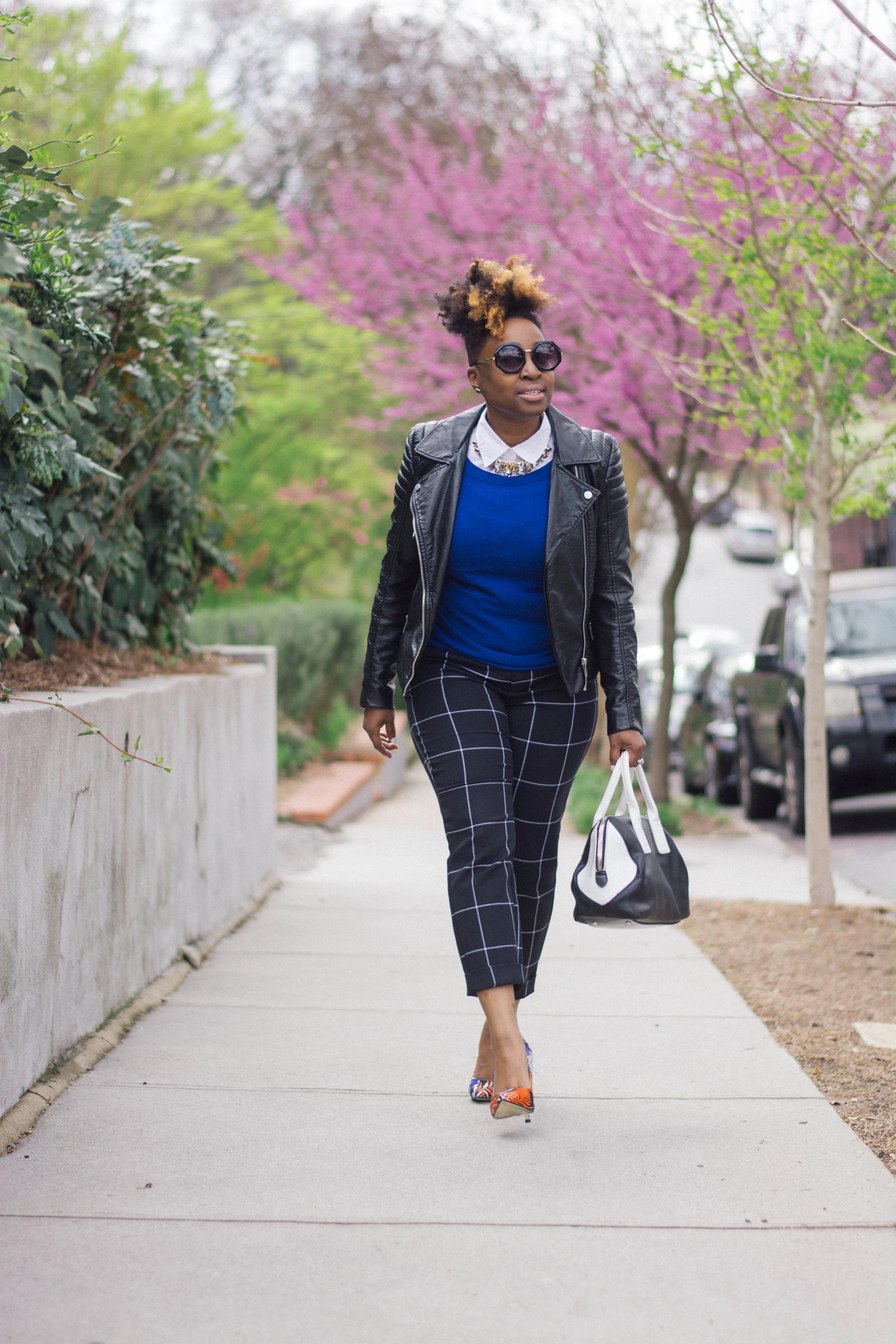 Melodie Stewart, The Style Klazit, Atlanta Style blogger, windowpane print, black moto, street style