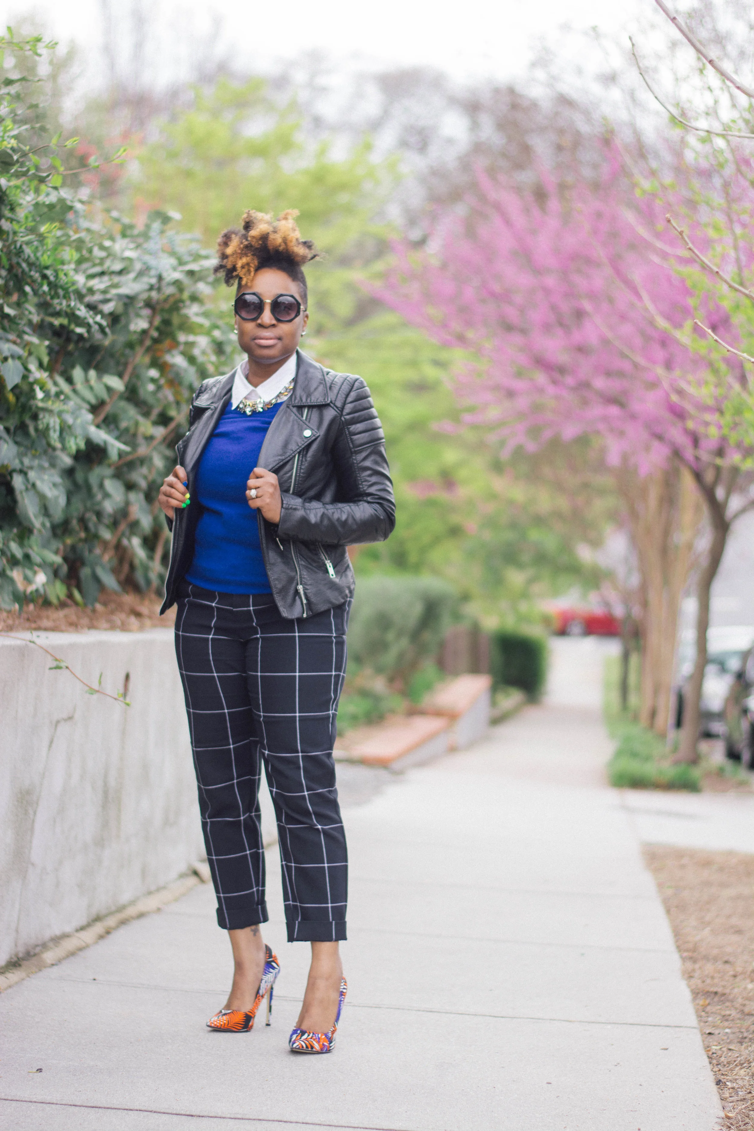 Melodie Stewart, The Style Klazit, Atlanta Style blogger, windowpane print, black moto, street style