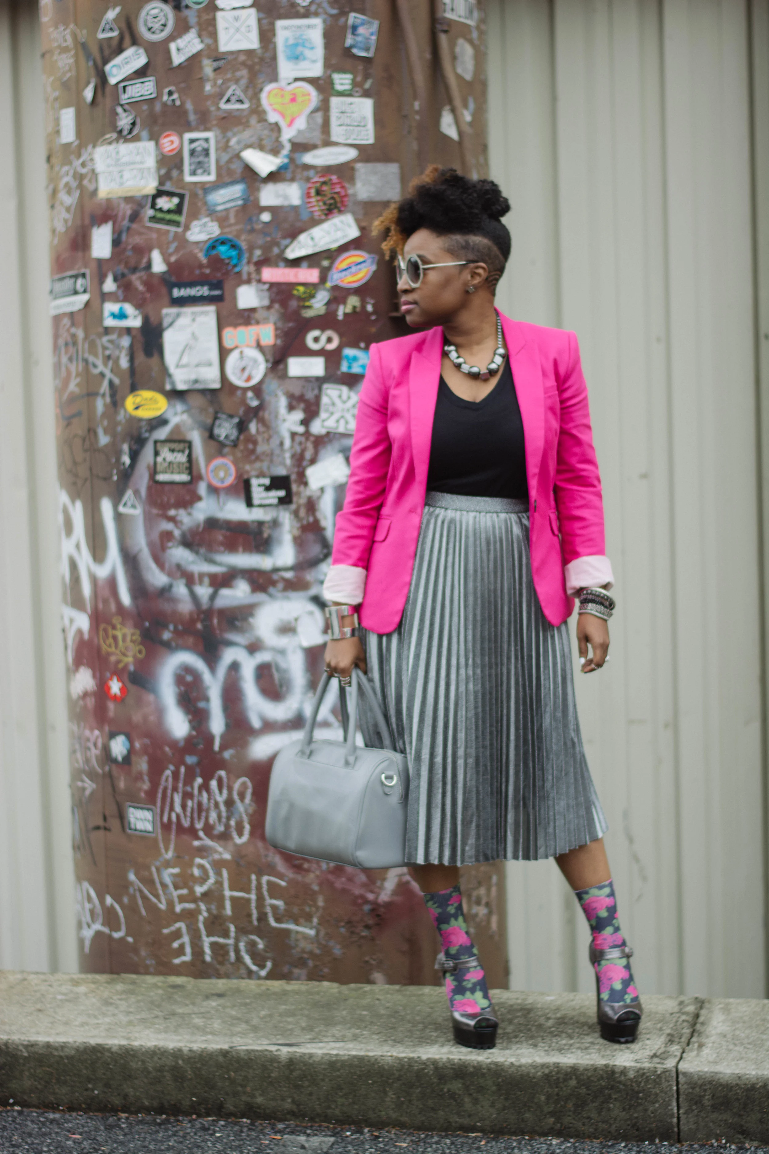 Melodie Stewart, The Style Klazit, Atlanta style blogger, metallic pleated skirt, street style, pink blazer, heels and socks