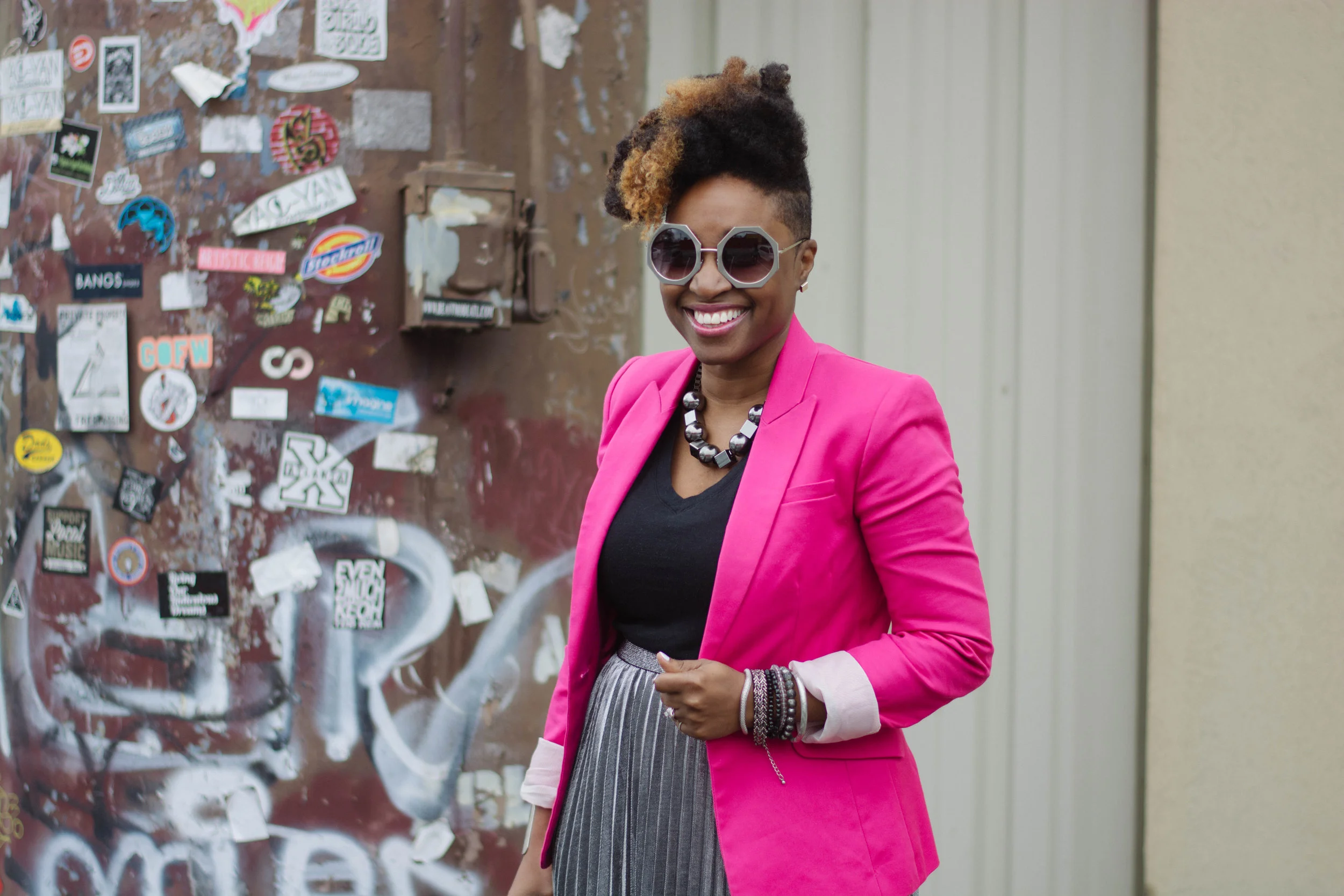 Melodie Stewart, The Style Klazit, Atlanta style blogger, metallic pleated skirt, street style, pink blazer, heels and socks