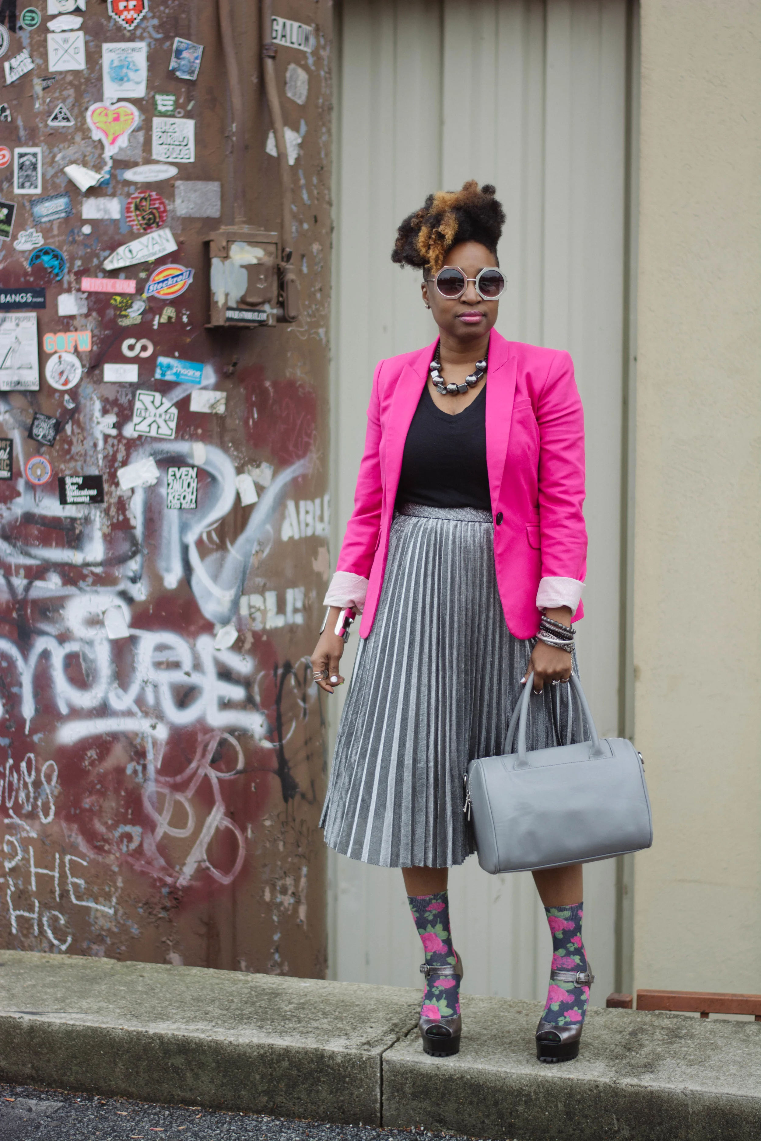Melodie Stewart, The Style Klazit, Atlanta style blogger, metallic pleated skirt, street style, pink blazer, heels and socks