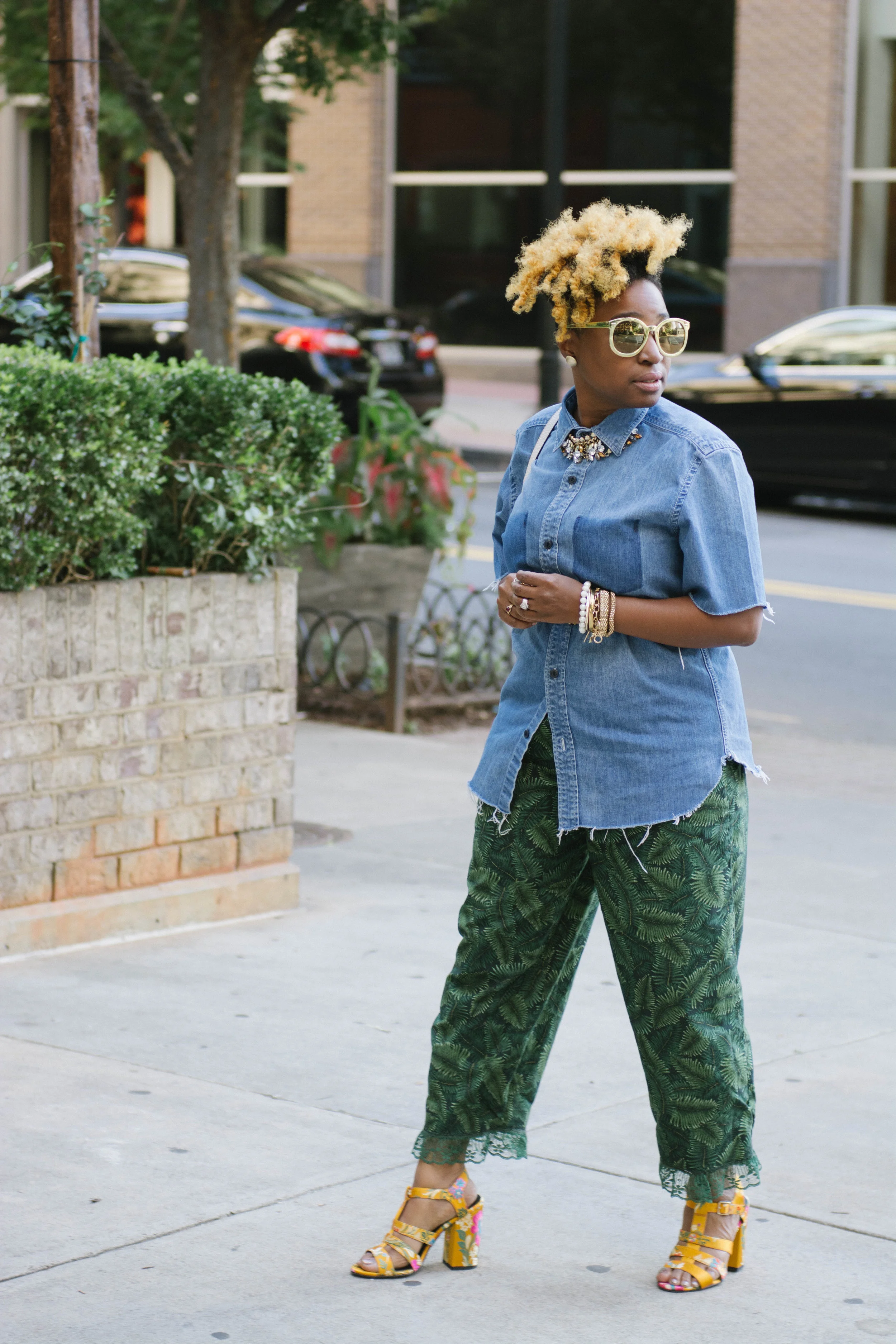 Melodie Stewart, The Style Klazit, Leaf print pants, DIY denim top, Atlanta Style blogger