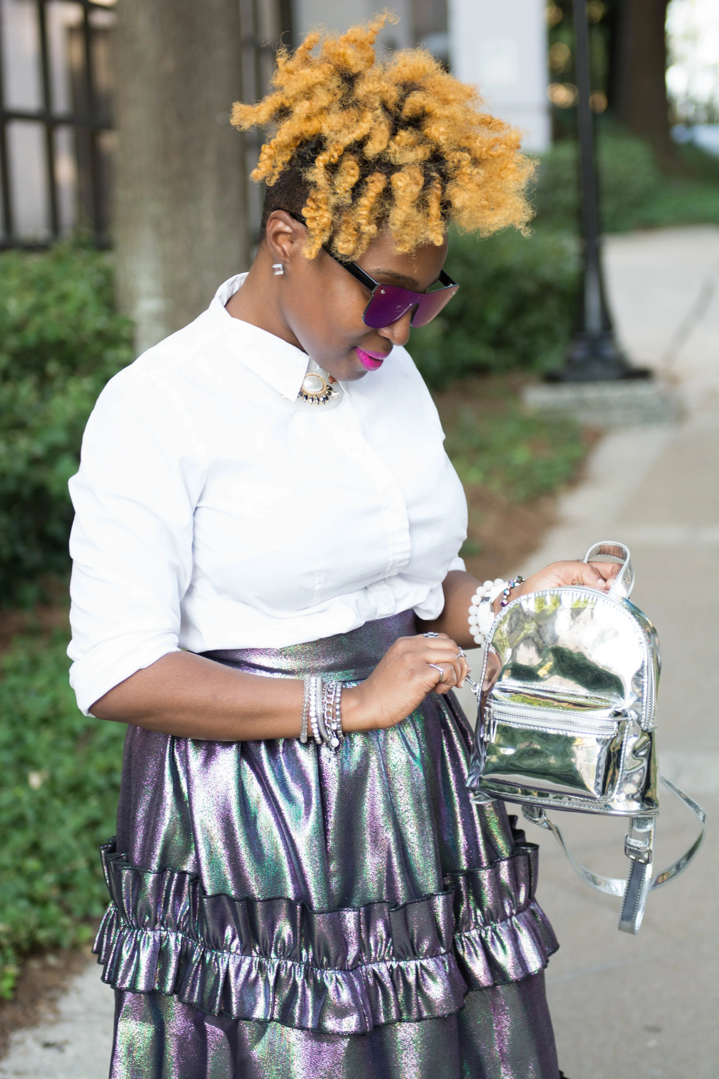 Melodie Stewart, The Style klazit, asos metallic jacquard skirt, metallic pink sneakers, atlanta style blogger