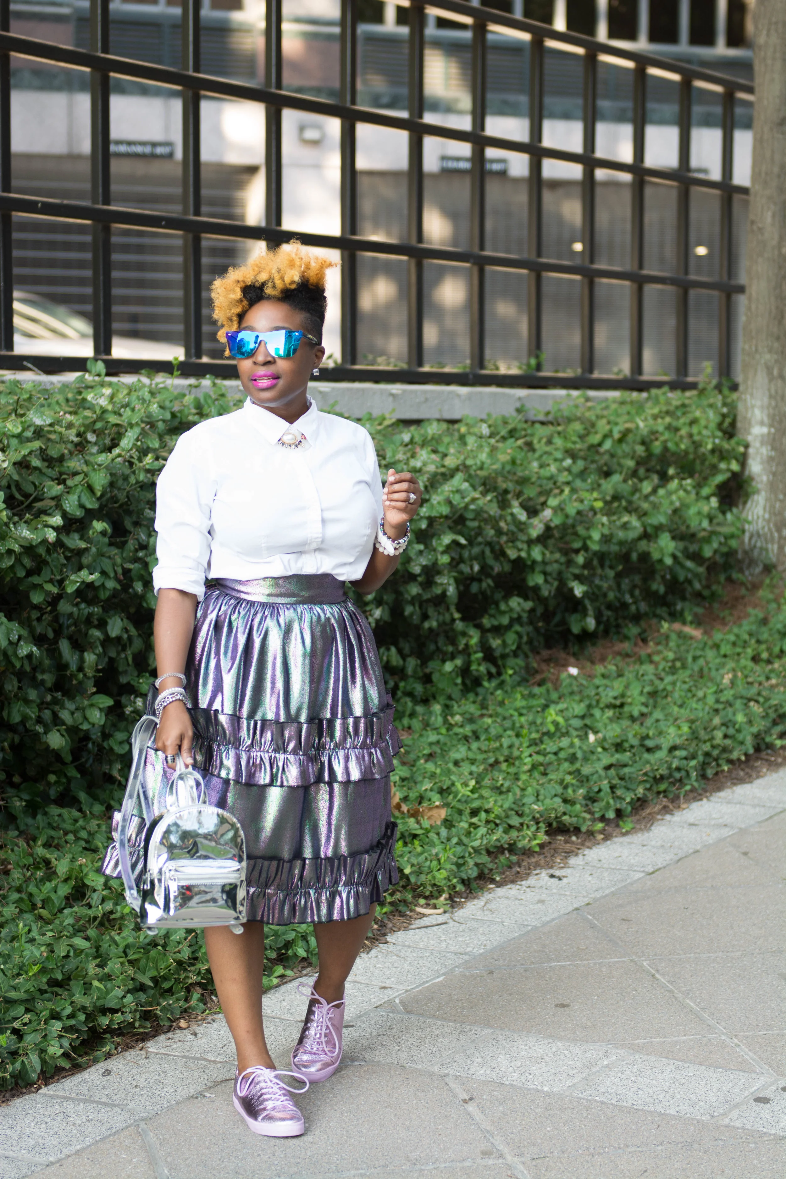 Melodie Stewart, The Style klazit, asos metallic jacquard skirt, metallic pink sneakers, atlanta style blogger