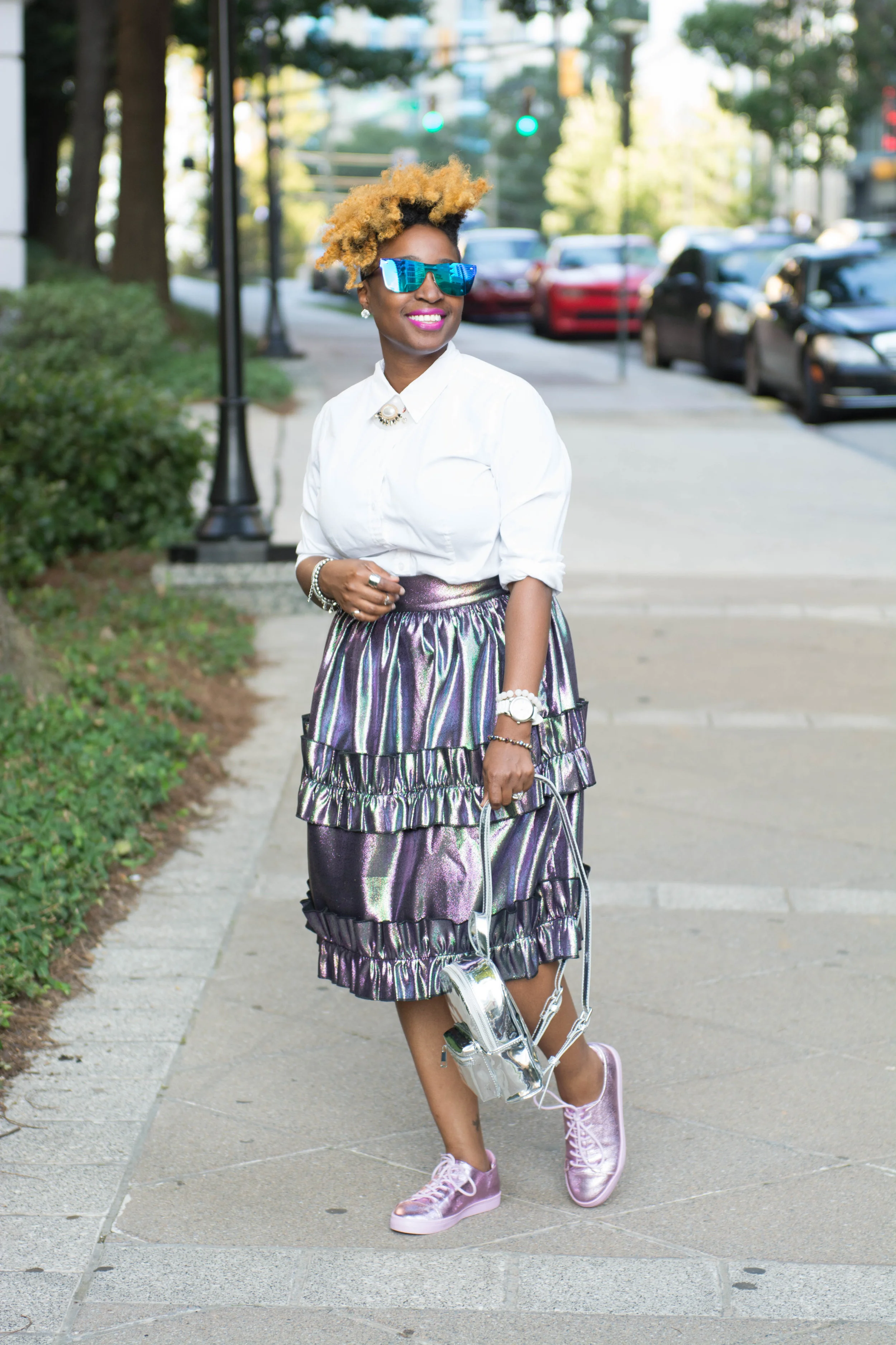 Melodie Stewart, The Style klazit, asos metallic jacquard skirt, metallic pink sneakers, atlanta style blogger