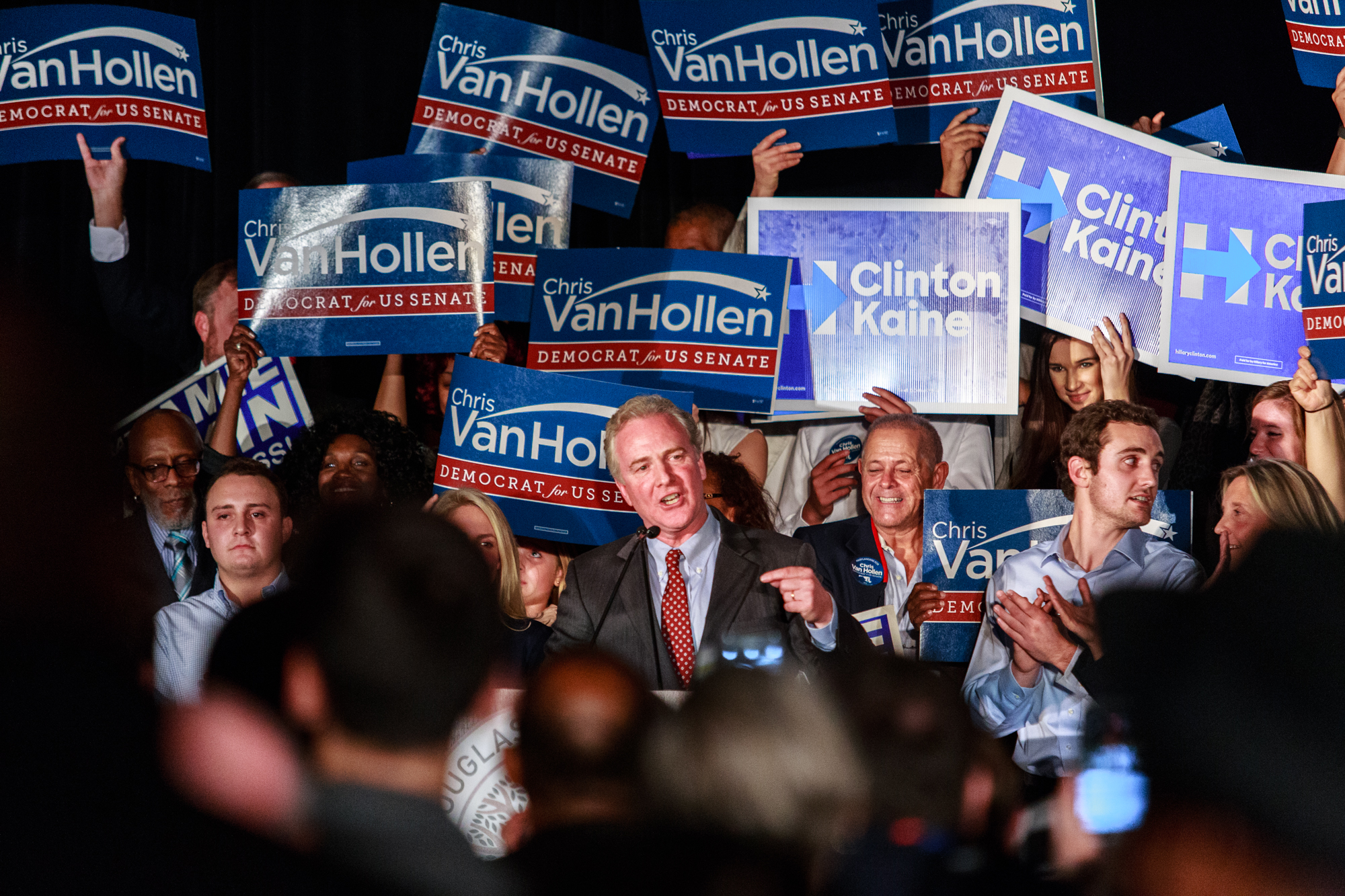 The newly elected Senator Chris Van Hollen speaks at a watch party on Tuesday, Nov. 8, 2016 after his first time win in a Senatorial race. The party also celebrated the victories of Reps. Jamie Raskin and Anthony Brown. 