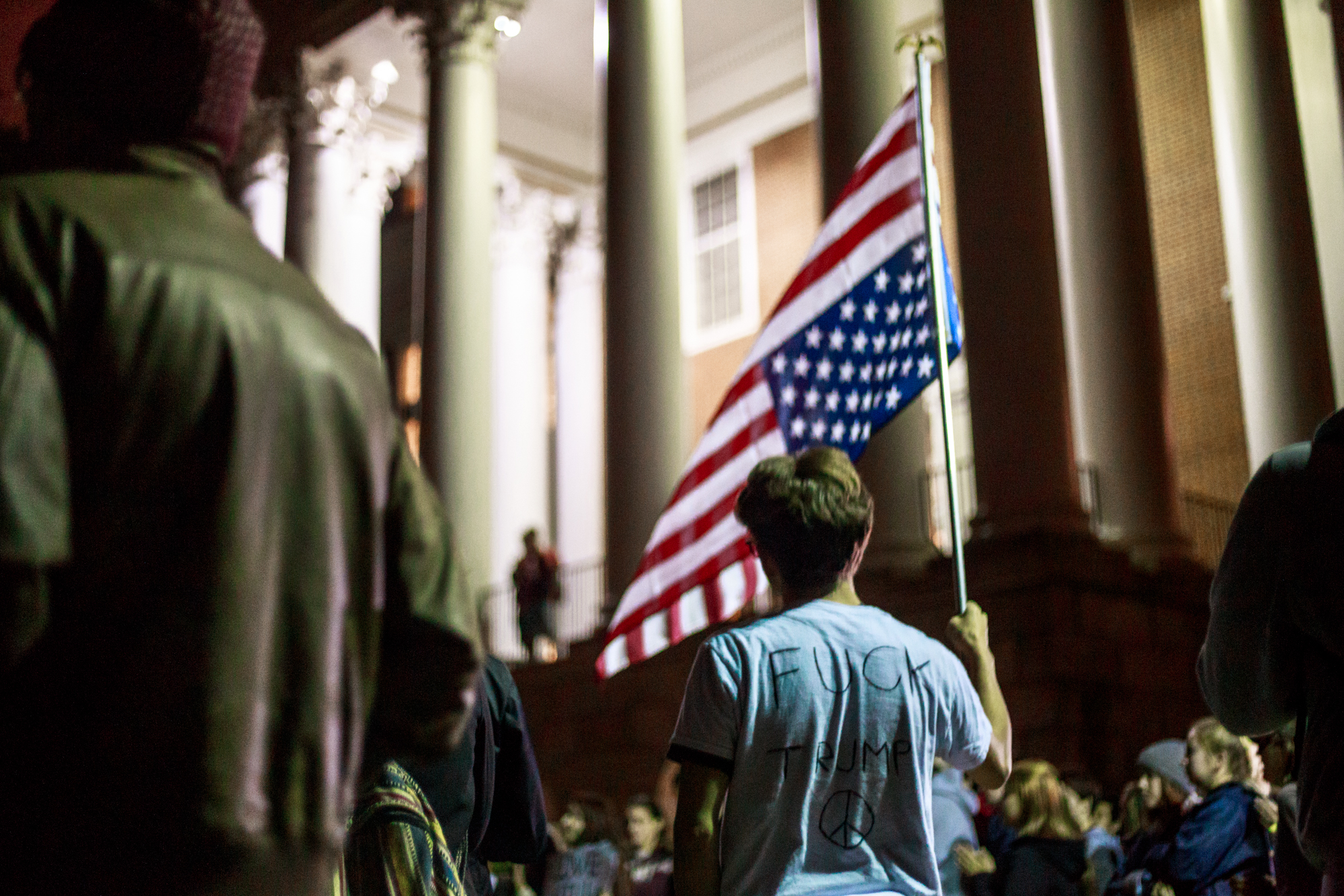 Students at the University of Maryland gathered outside McKeldin Library on Wednesday, Nov. 9, 2016 to stand in protest of the election of Donald Trump. The protestors took turns speaking, discussing their concerns with a Trump presidency. 