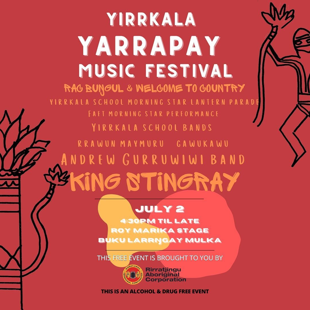 Yirrkala Yarrapay Music Festival is on TOMORROW!! Performances will kick off around 4:30pm on the Roy Marika stage at @bukuartnow . We can&rsquo;t wait to see you there!🎤🎸🕺🏾