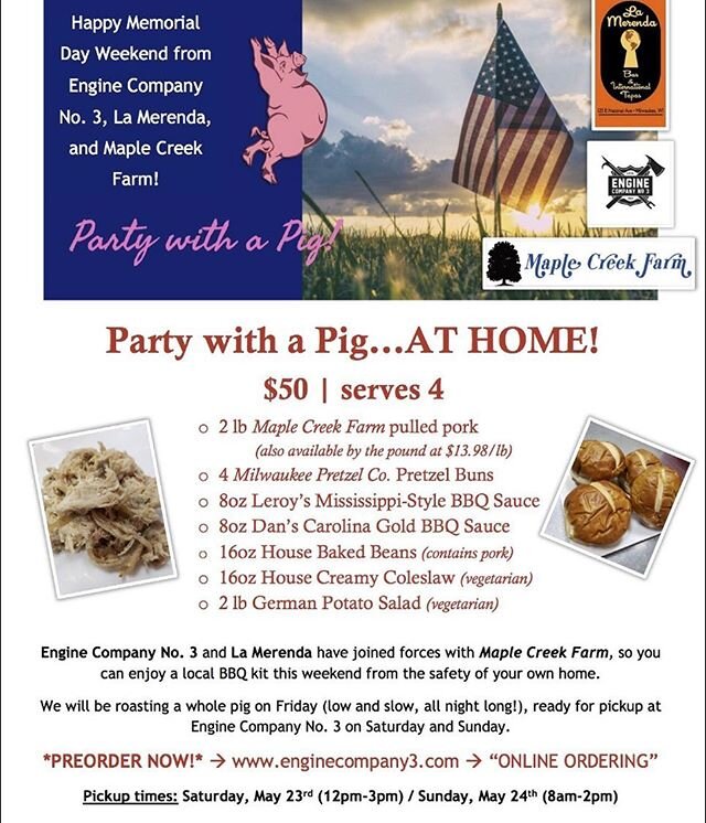 THIS WEEKEND, you can bring #partywithapig to your own home! La Merenda, Engine Company No. 3, and Maple Creek Farm have joined forces to provide a simple &amp; super tasty BBQ from the safety of your home!!!
...
KIT INCLUDES:
- 2lb pulled pork 🐖
- 
