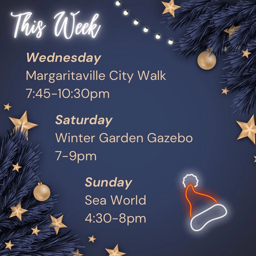 It&rsquo;s our last gig week before Christmas break: Margaritaville City Walk (Orlando), Winter Garden Gazebo (Winter Garden) and Sea World (Orlando). Come out and see us! #gillyandthegirl #floridamusic