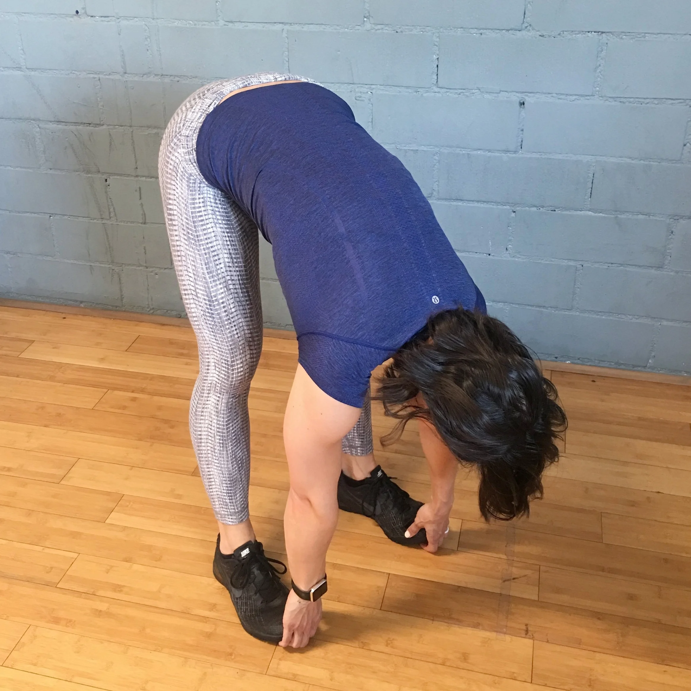 *Start in a deep squat with your arms inside your knees & your fingers under your toes; head & chest up. Gently stand up, straightening your legs while keeping your chest as close to your thighs as possible. Hold for 3-5 seconds & repeat 10 times. 
