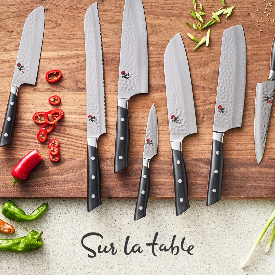 Experience miyabiusa&rsquo;s new Hisho knives at @surlatable &mdash; handcrafted in Seki, Japan, from FC61 super steel with a rippled, hand-hammered finish. No two are alike.
#fourthstreetberkeley #surlatable #miyabiknives #berkeleycooking @eastbayea