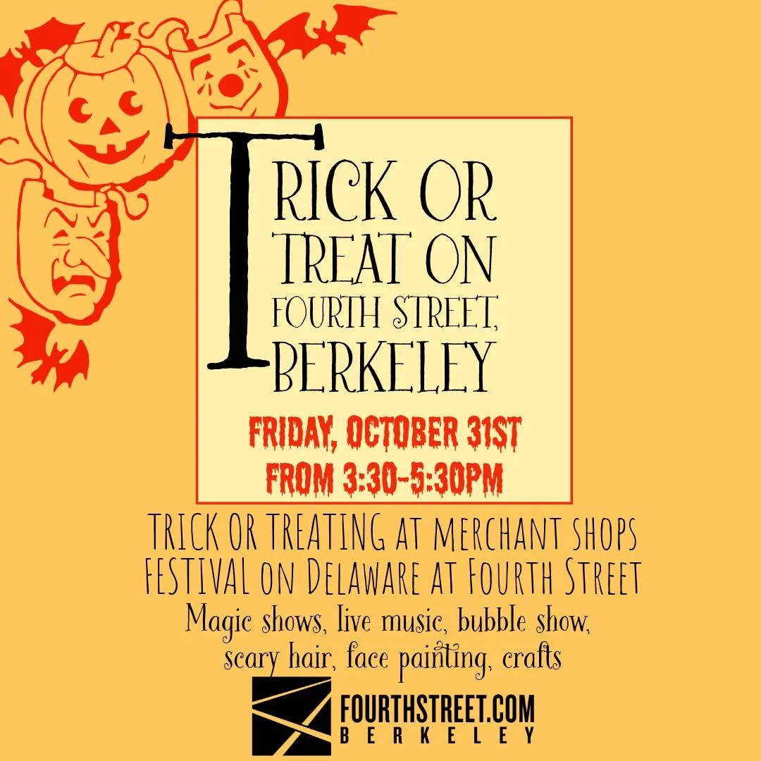 Bring the family to Fourth Street for our annual Halloween celebration!
Trick or treat at over 80 shops between University and Virginia on Friday, October 31, 2025 from 3:30 PM to 5:30 PM.
Then enjoy free fun on Delaware at Fourth: bubble and magic s