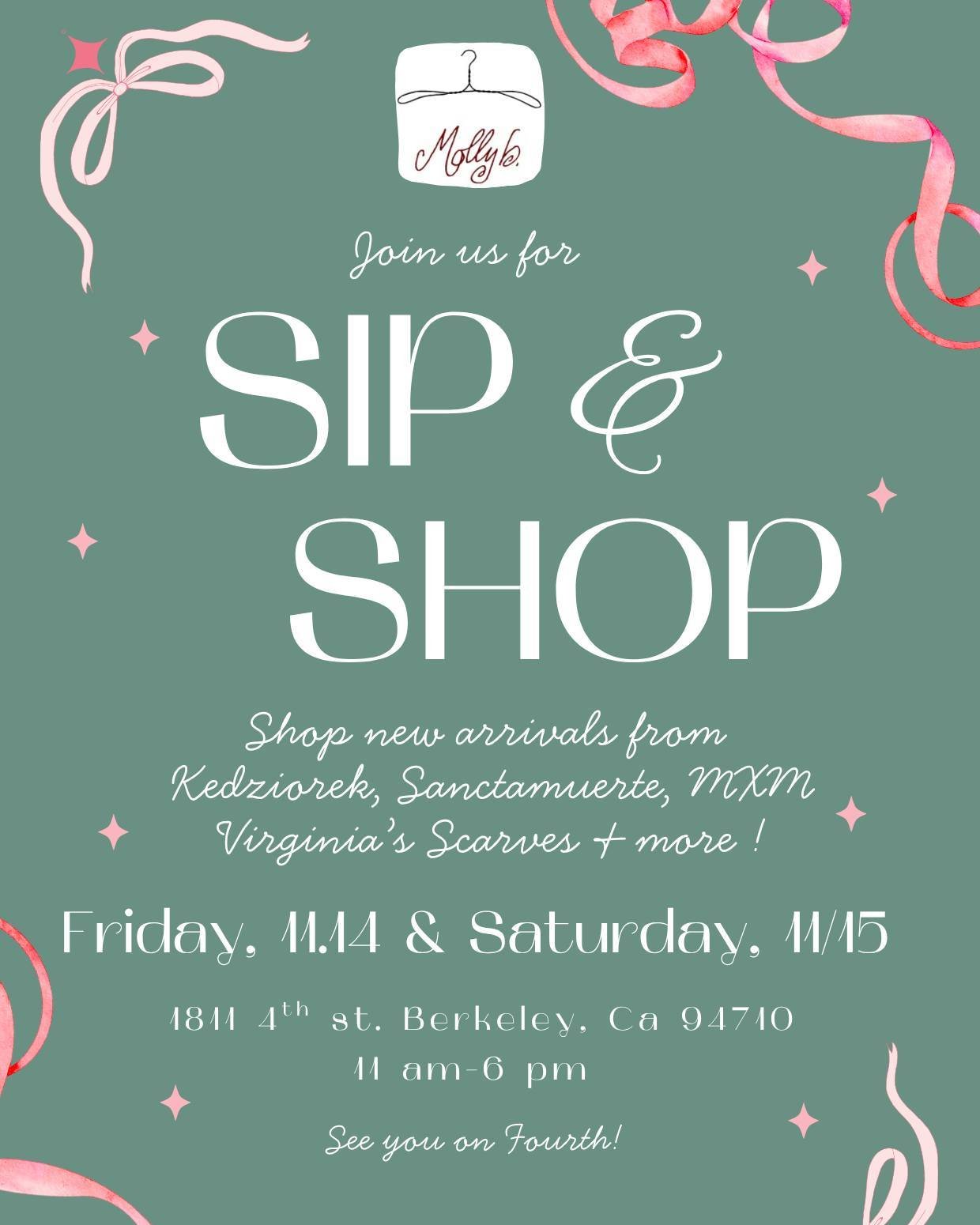Molly b will host its first Sip &amp; Shop of the holiday season. Guests can enjoy a glass of bubbles while exploring new arrivals from Kedziorek, Sanctamuerte, and MXM-Matthildur. Hand-knit scarves by Virginia, made in Berkeley, will also be feature