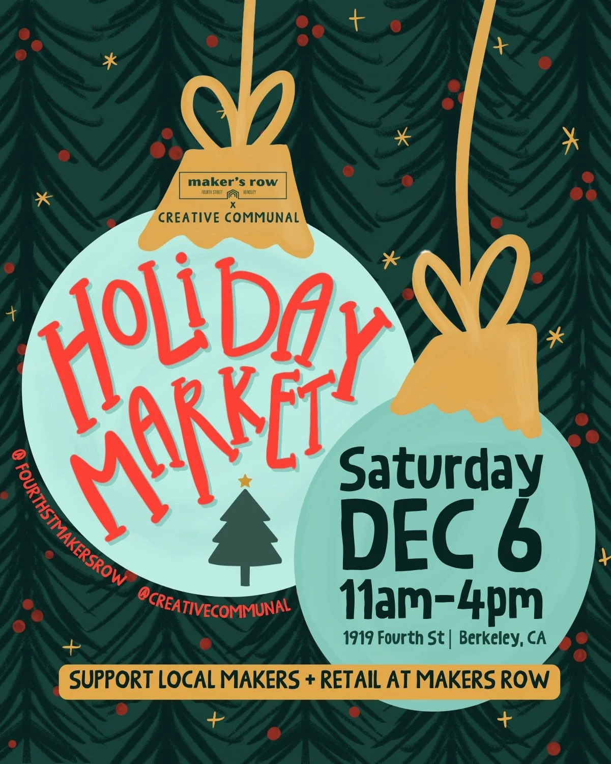 Holiday Market at Maker&rsquo;s Row
Maker&rsquo;s Row is hosting a festive holiday market on Saturday, December 6, from 11 am to 4 pm. Presented by Creative Communal, this open-air market brings together local makers, live music, handcrafted gifts, a